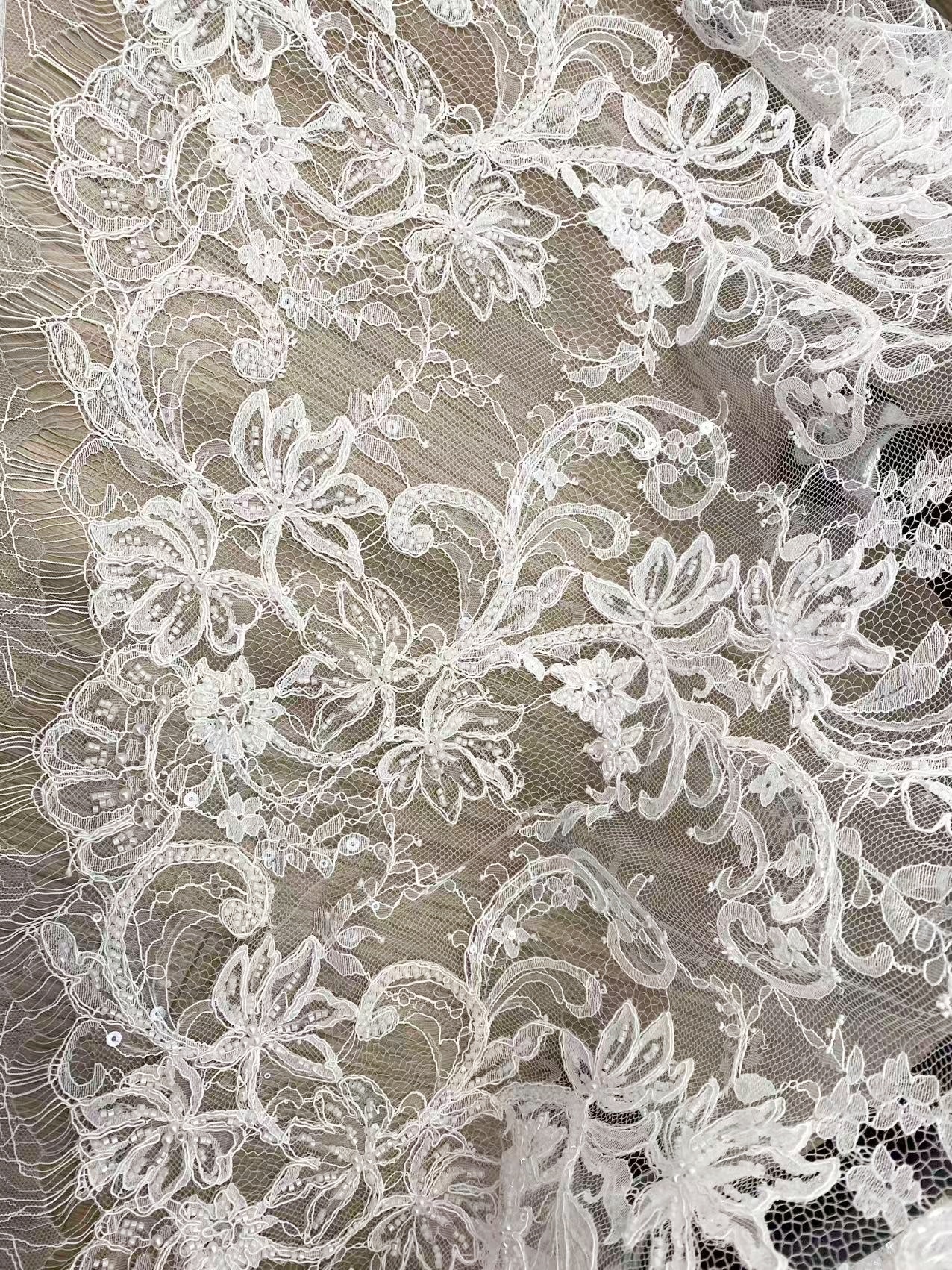 Ivory Beaded Chantilly Lace Fabric for Wedding Dress,Bridal Gown Veil,Sold by 3 Meter