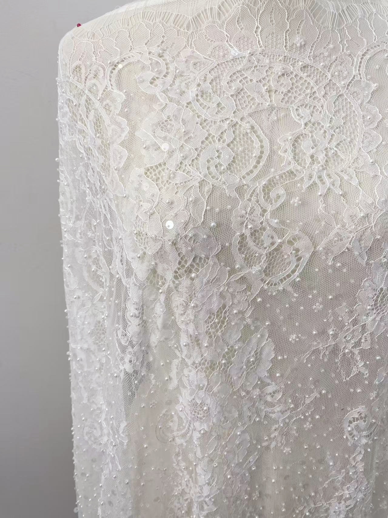 2026 White Pearl Chantilly French Eyelash Lace Fabric, Beaded Floral Scalloped Lace Fabric for Wedding Dress Veils, Price per 3 Meters