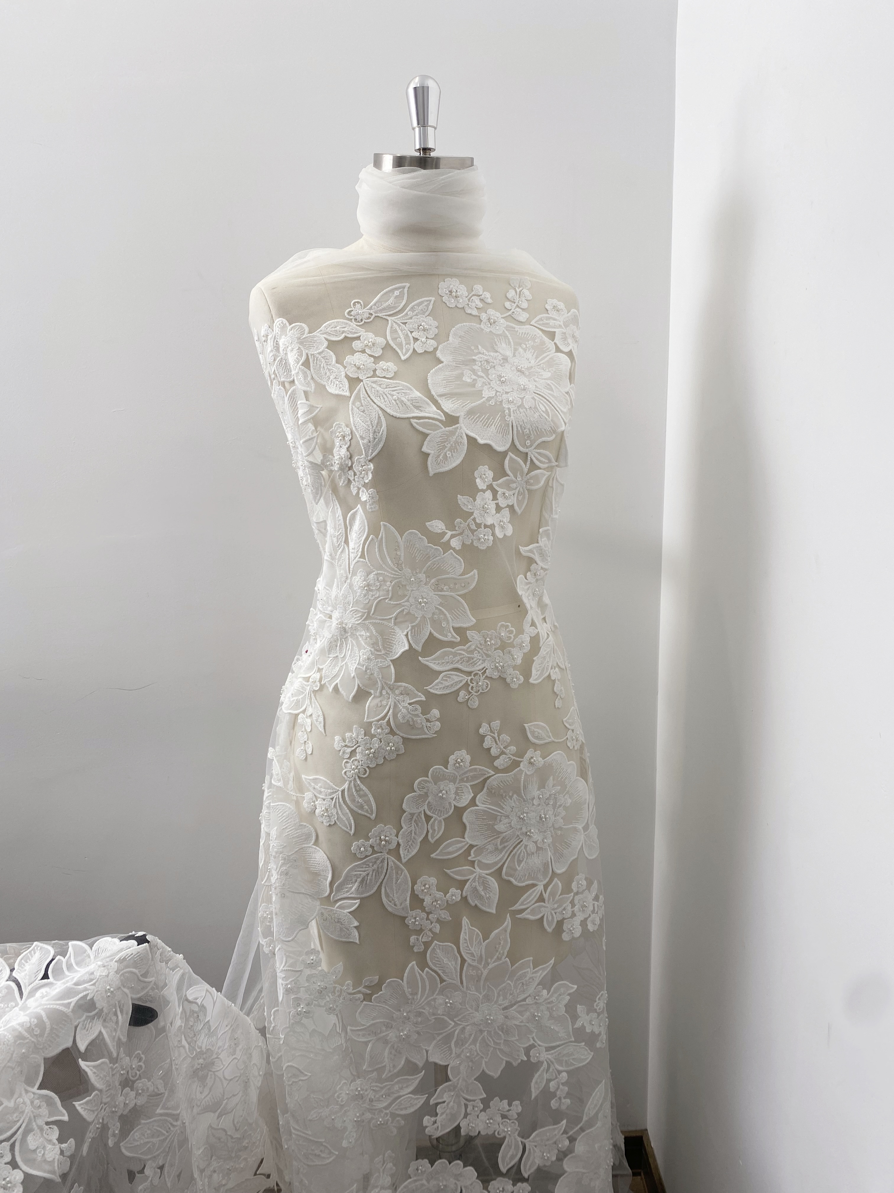 Ivory Floral Lace on Mesh with Large Appliqués, Delicate Bridal Flower Lace Fabric For Gown Prom, Wedding Dress Lace