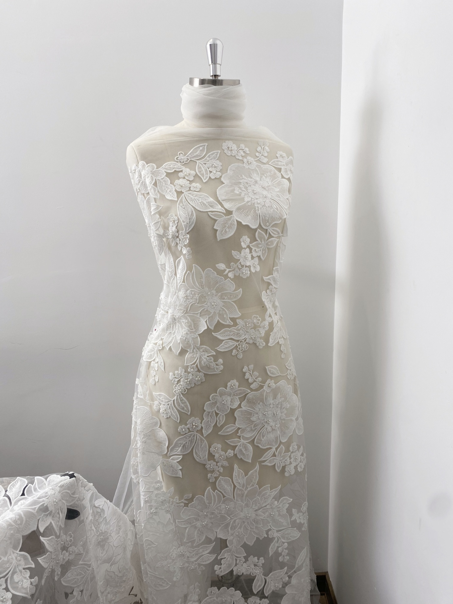 Ivory Floral Lace on Mesh with Large Appliqués, Delicate Bridal Flower Lace Fabric For Gown Prom, Wedding Dress Lace