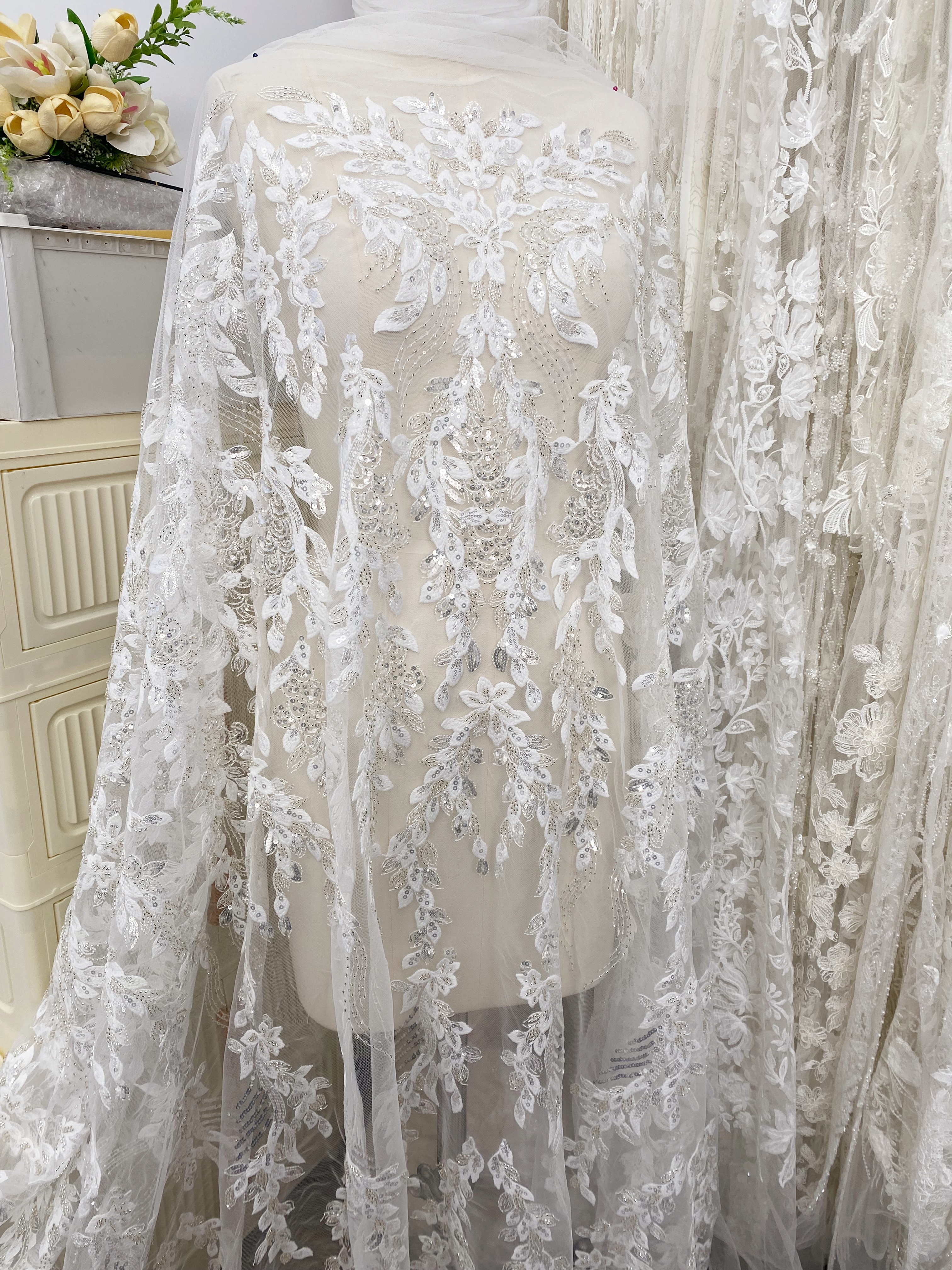 Leaves Embroidery Fabric with Beads and Sequins, Lace fabric for Wedding Dresses, Bridal Veil, Evening Gowns, Tulle Mesh Material