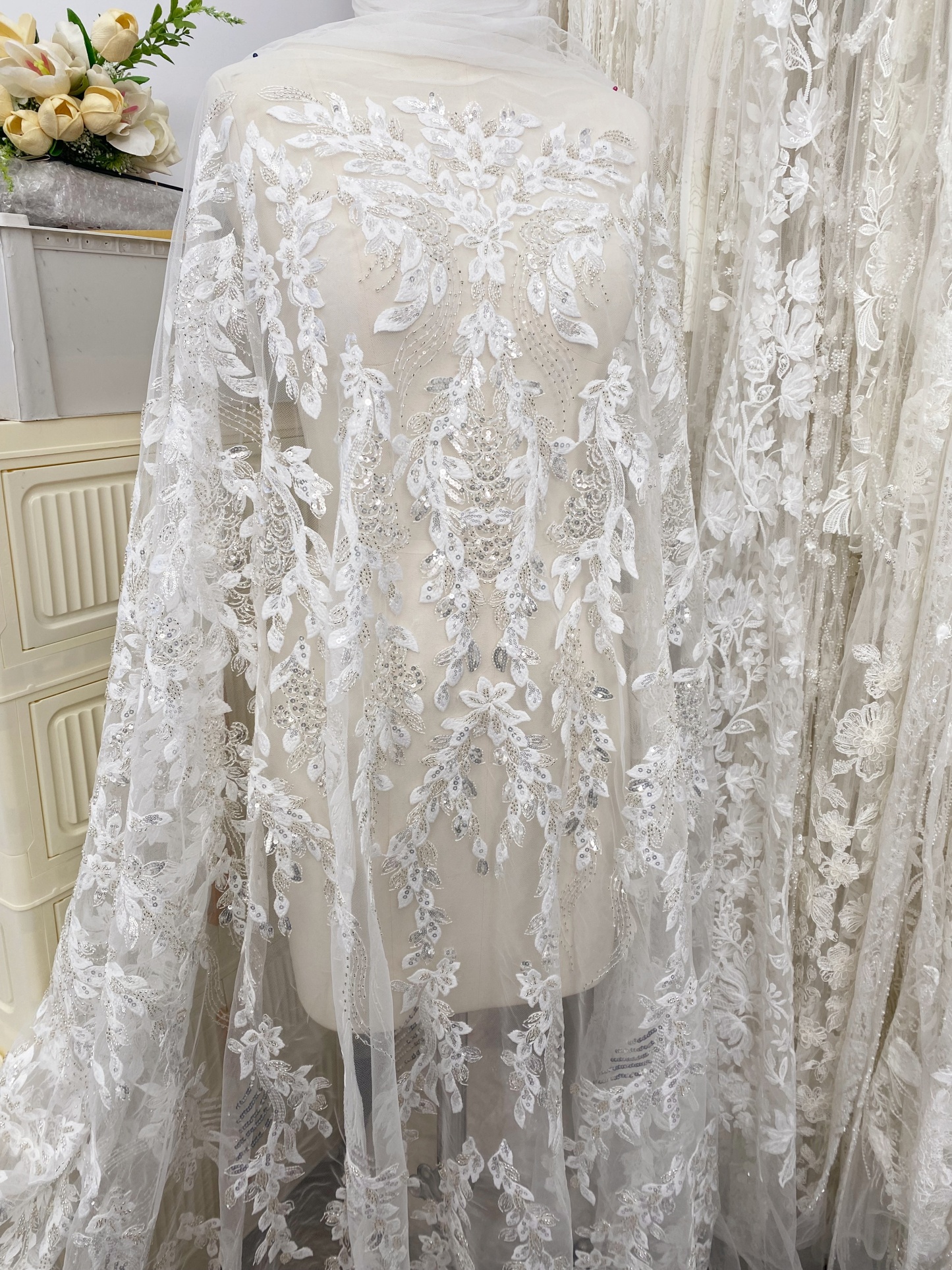 Leaves Embroidery Fabric with Beads and Sequins, Lace fabric for Wedding Dresses, Bridal Veil, Evening Gowns, Tulle Mesh Material