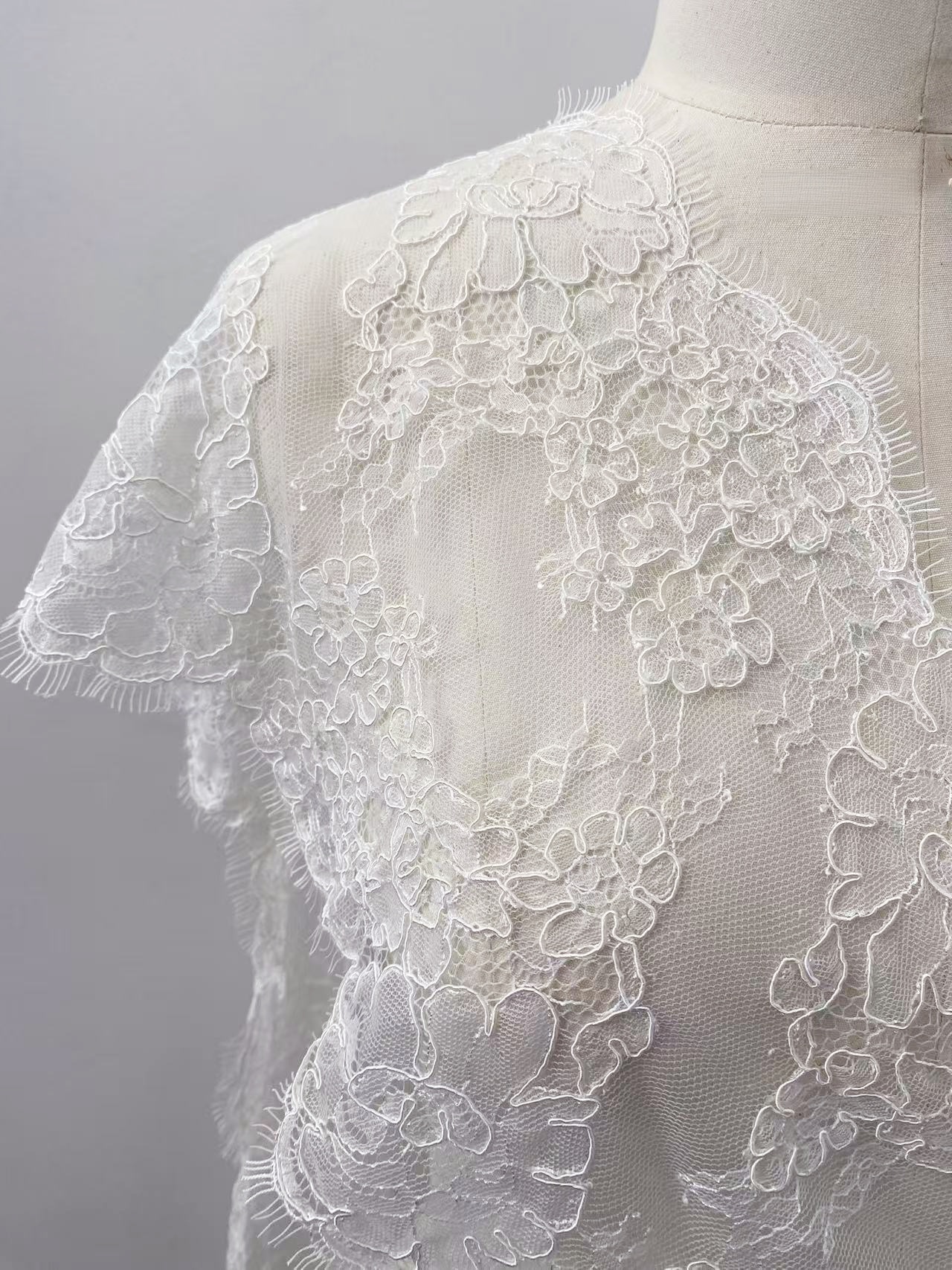French Chantilly Lace Trims with Cord, Floral Eyelash Lace Fabric Wedding Fabric for Bridal Veil Dress Gown,Price per 3 Meters