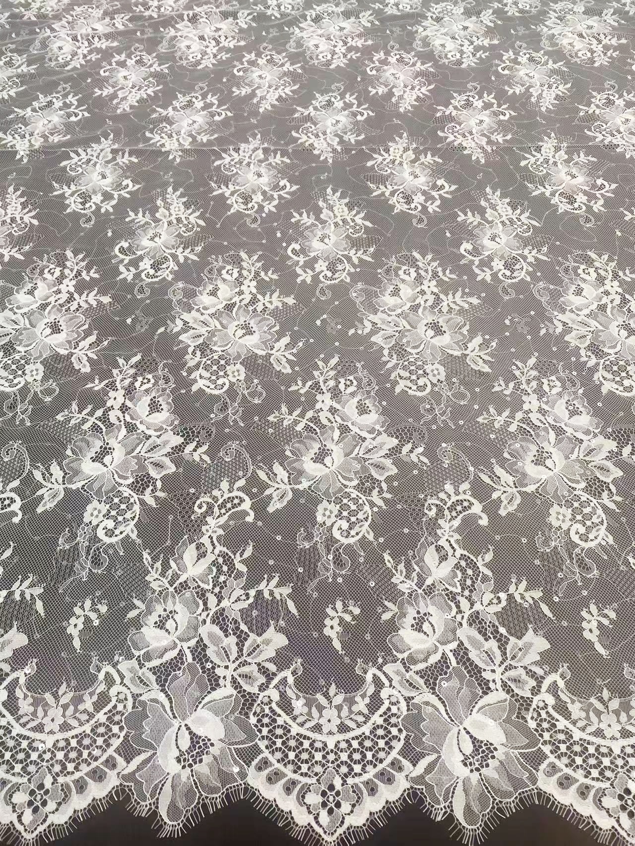Clear Sequins French Chantilly Lace Fabric, Ivory Bridal Floral Lace with Eyelash for Wedding Dress, Veil, Overlay, Sold by 3 Meters 1 Piece
