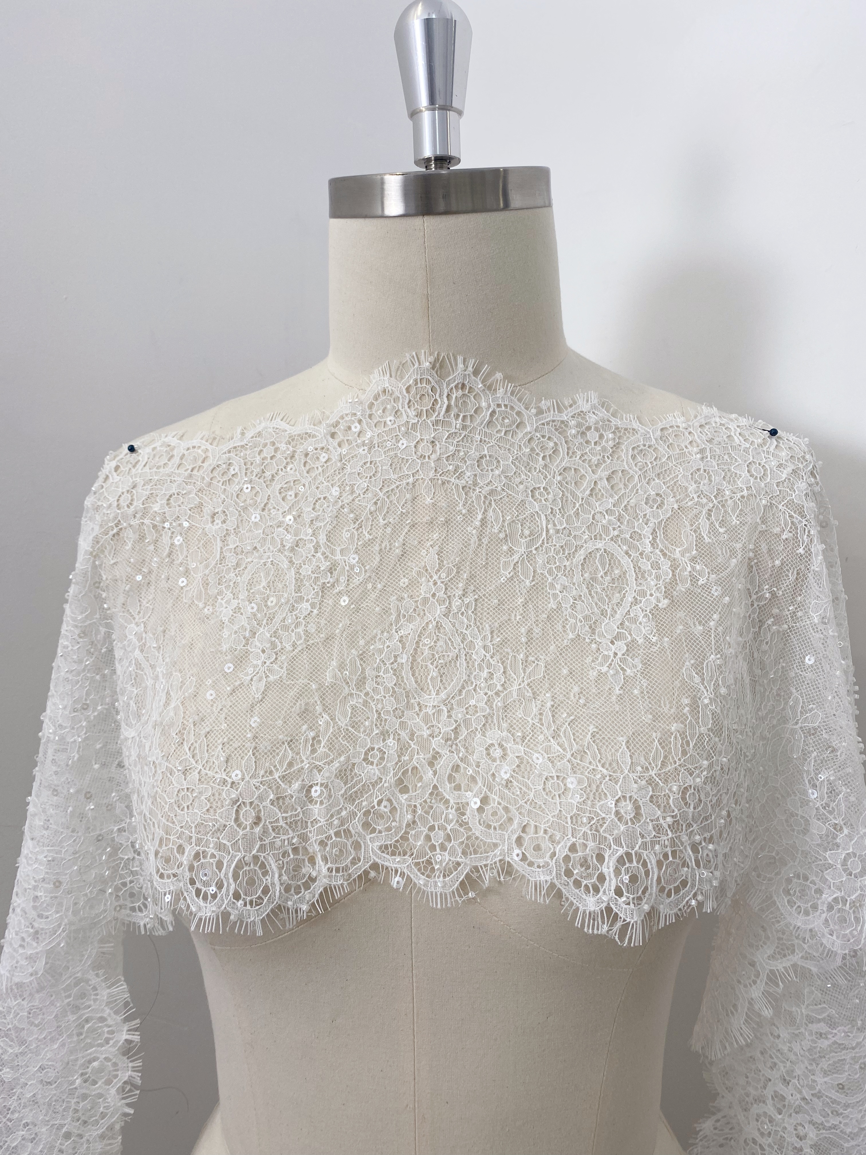 French Beaded Chantilly Lace Trim with Sequins, Floral Trim Eyelash Edging, Eyelash Lace Wedding Dress Fabric for Bridal Veil, Sold by 3 meters