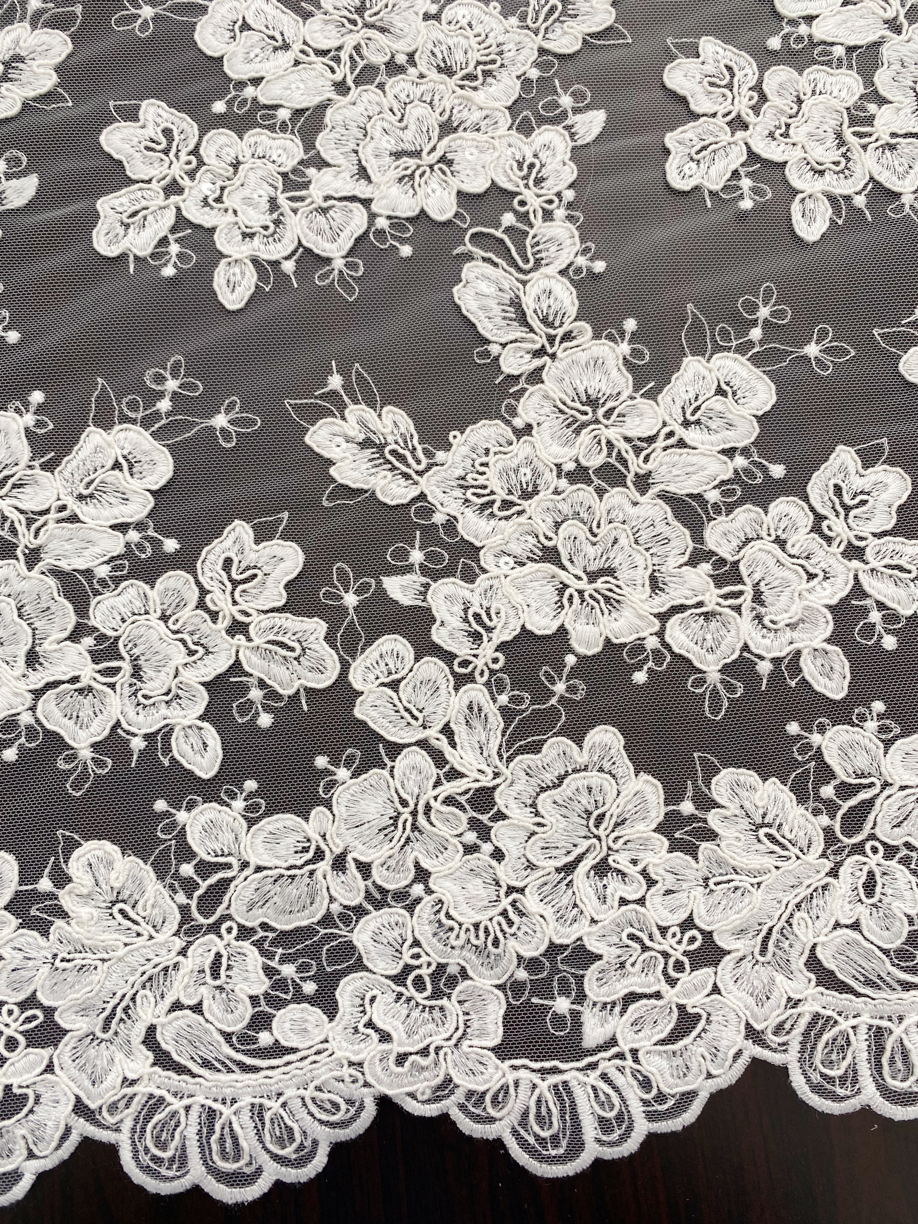 Ivory Corded Chantilly Lace Fabric ,Alencon Lace Fabric with Sequins for Wedding Dress, Veil, Floral Embroidery lace by the yard