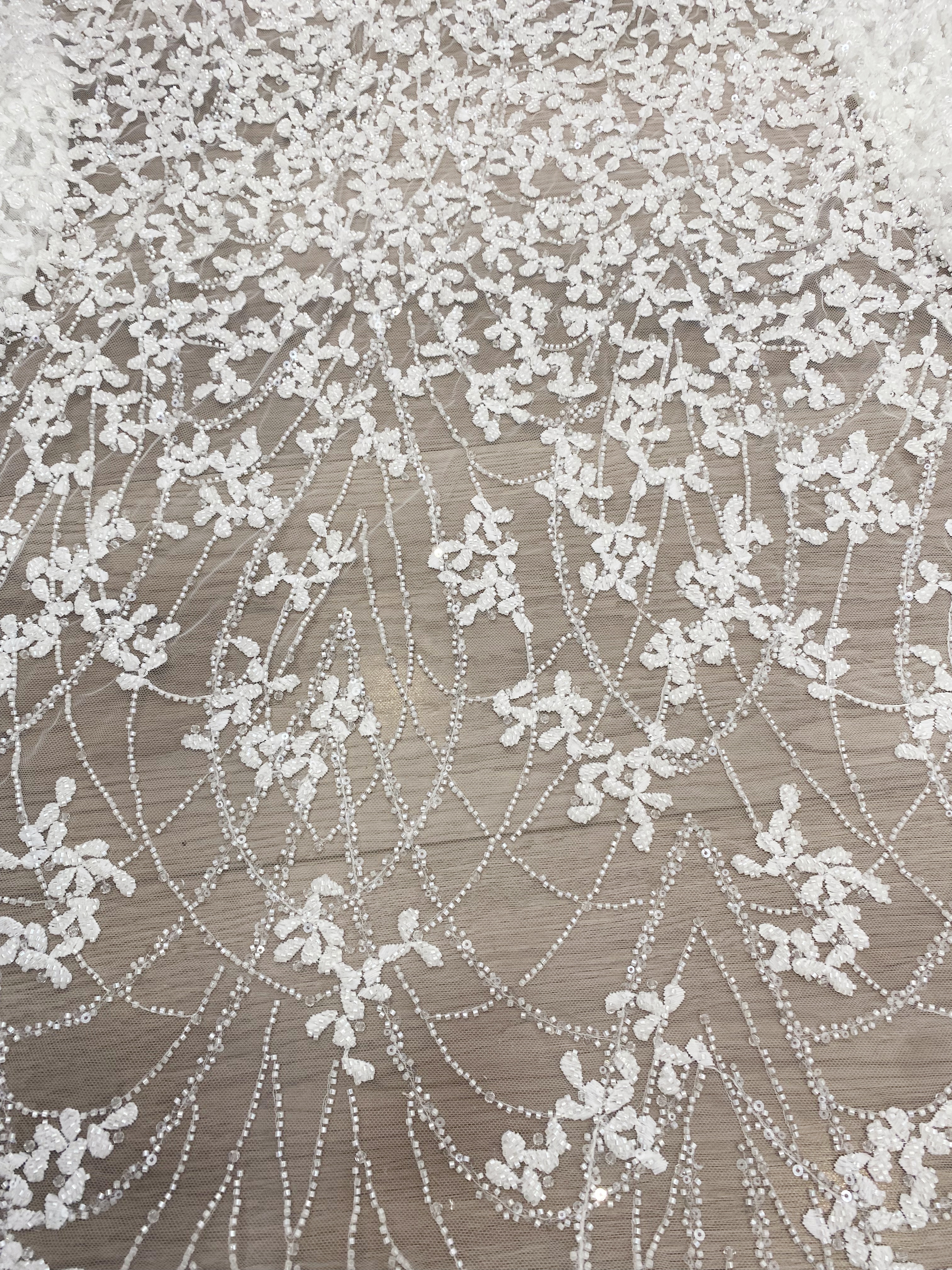 Ivory Beaded Floral Embroidery Tulle Lace Fabric, Beading Leafs Bridal Lace for Wedding Gowns Dresses and Veils, Couture Lace by the Yard