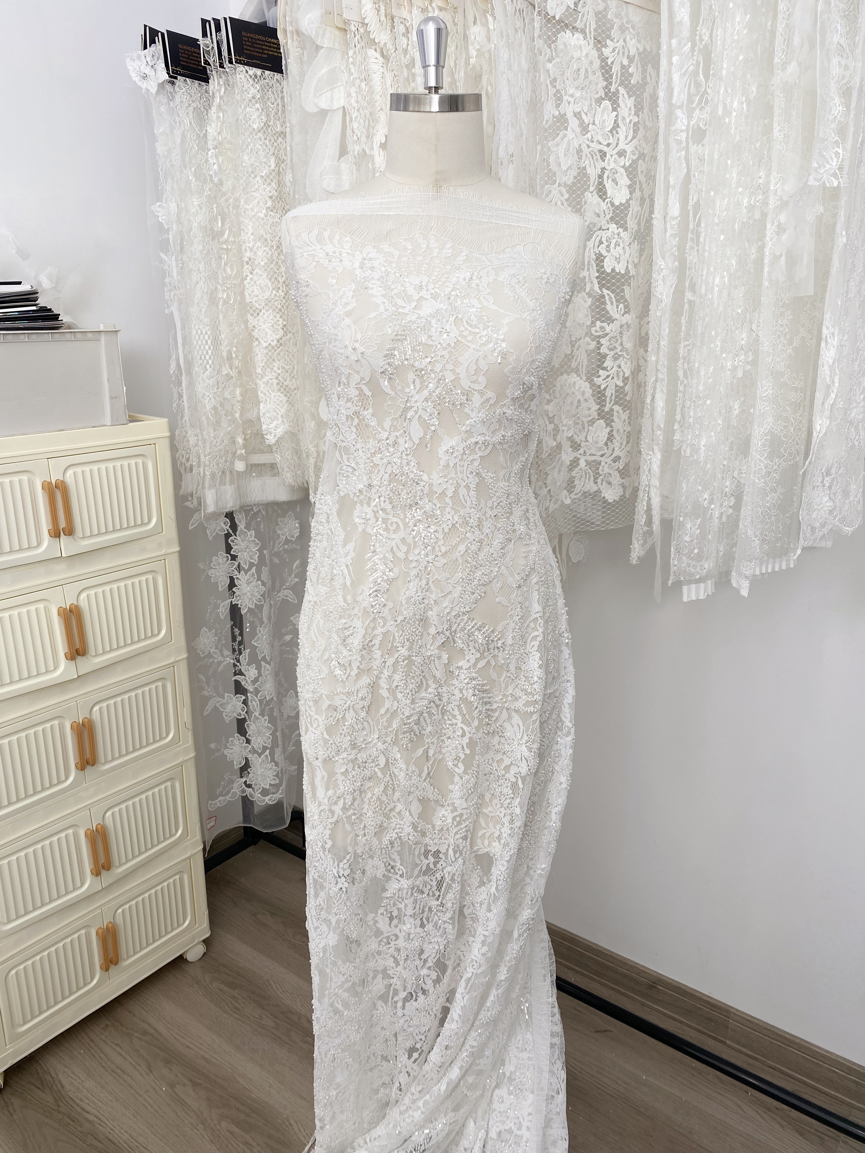 3 Meters Heavy Bead Chantilly Lace Fabric with Sequins for Wedding Dress,Bridal Gown Veil, Alencon Lace Floral Trim Eyelash Edging