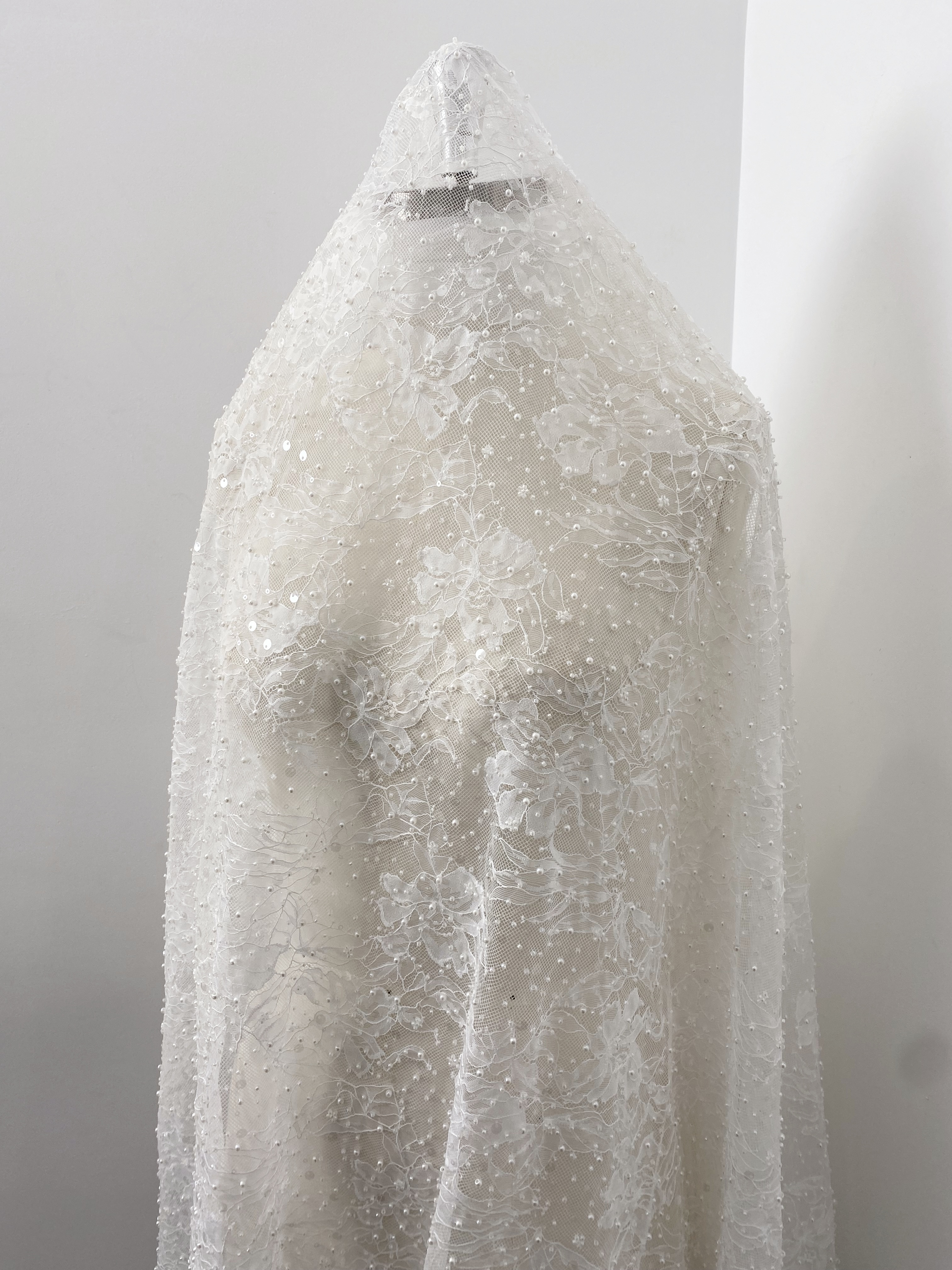 2026 White Pearl Chantilly French Eyelash Stretch Lace Fabric, Beaded Floral Scalloped Lace Fabric for Wedding Dress, Sold by 3 Meters