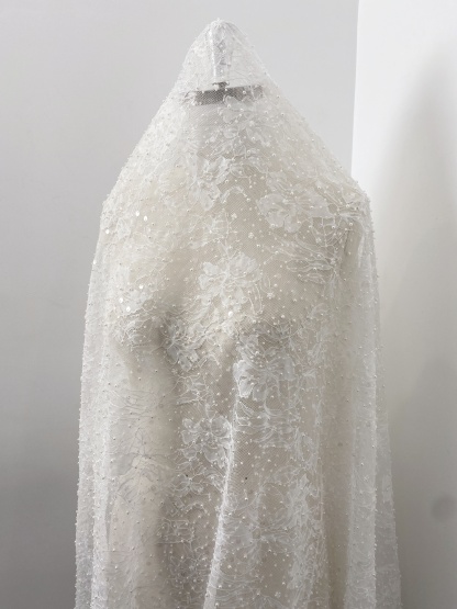 2026 White Pearl Chantilly French Eyelash Stretch Lace Fabric, Beaded Floral Scalloped Lace Fabric for Wedding Dress, Sold by 3 Meters