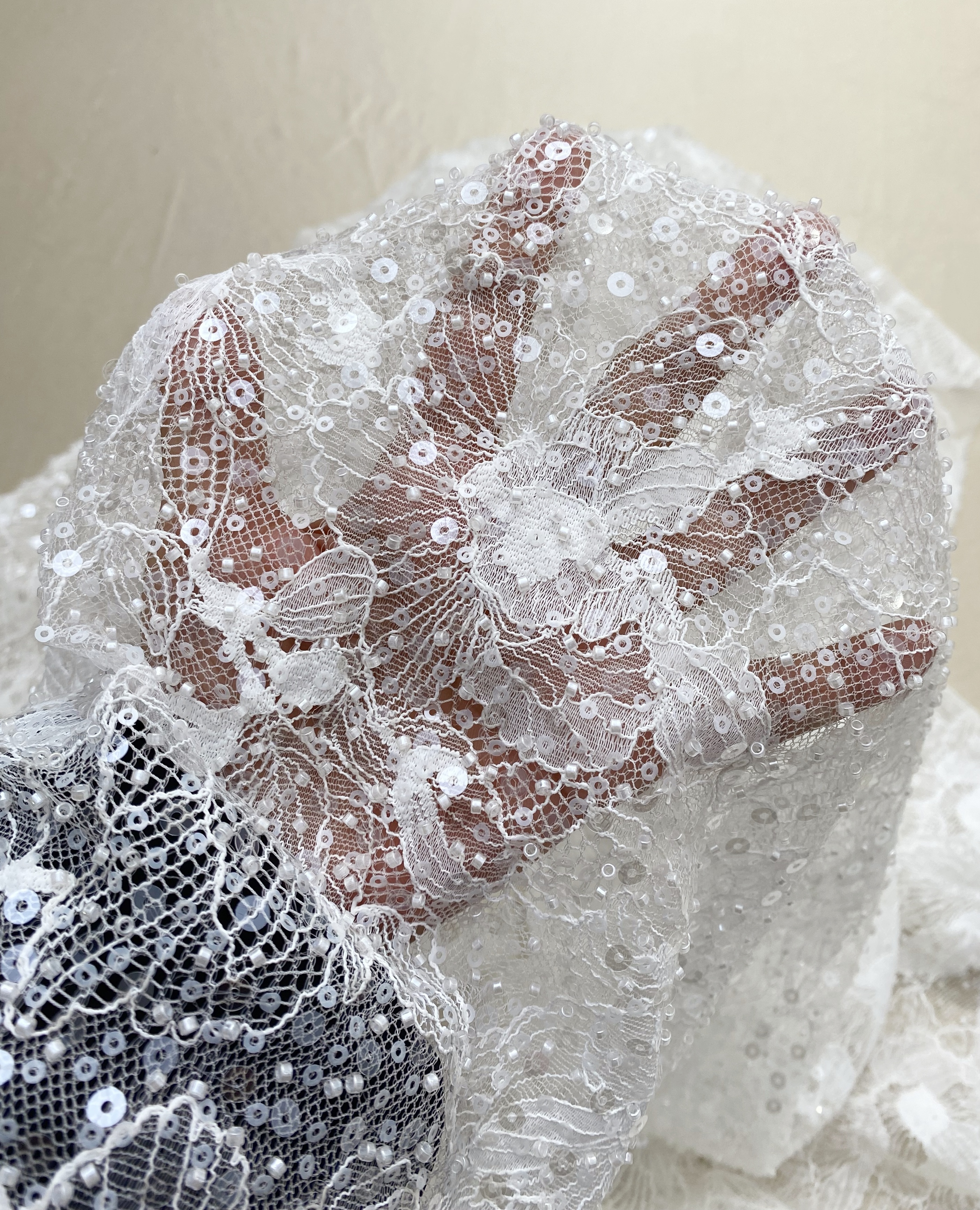Luxury Beaded Tulle Lace Fabric, White Sequined Bridal Mesh by the Yard for Wedding Dress, Veil, Bridal Gown Embroidery, Floral Lace