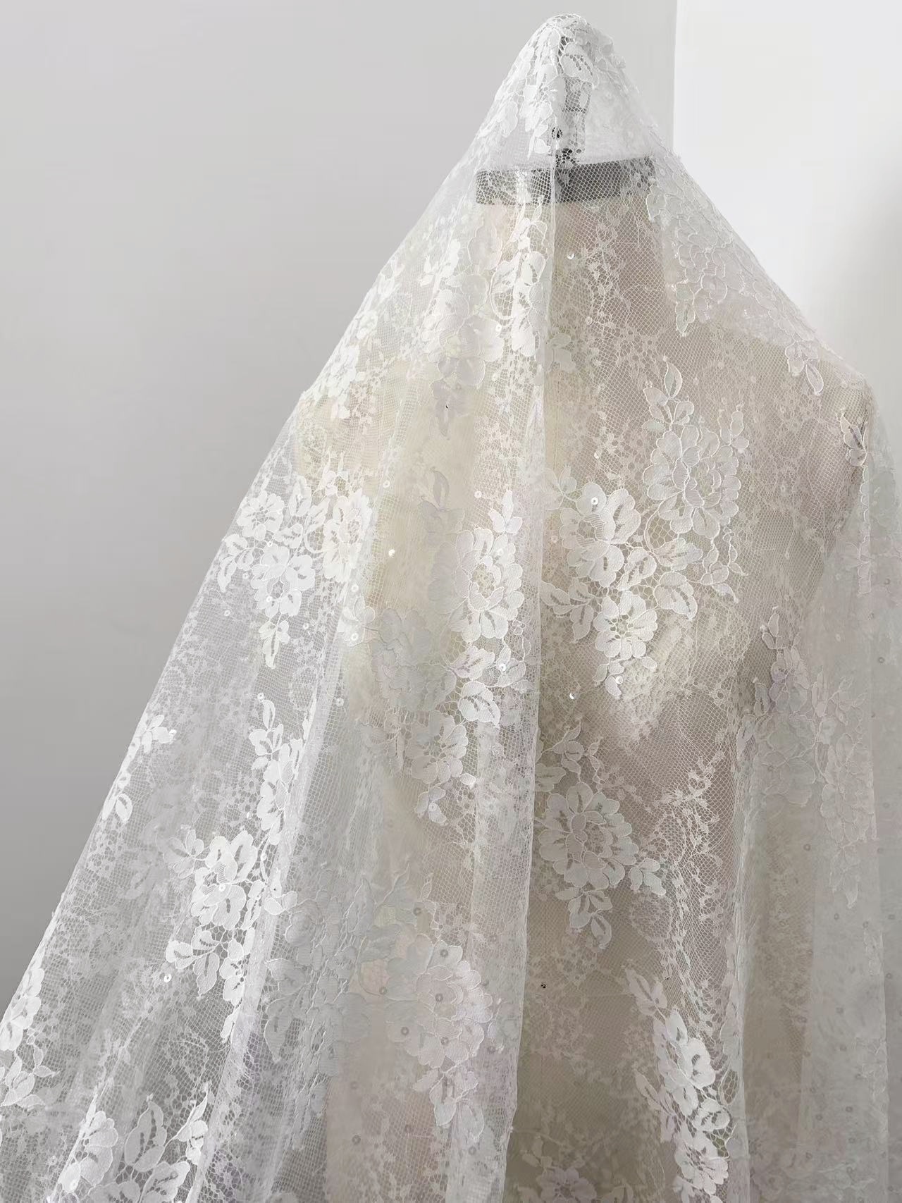 Off white Chantilly lace fabric with sequins, French Bridal Wedding Lace, Scalloped Lace, floral eyelash veil lace for Wedding Dress