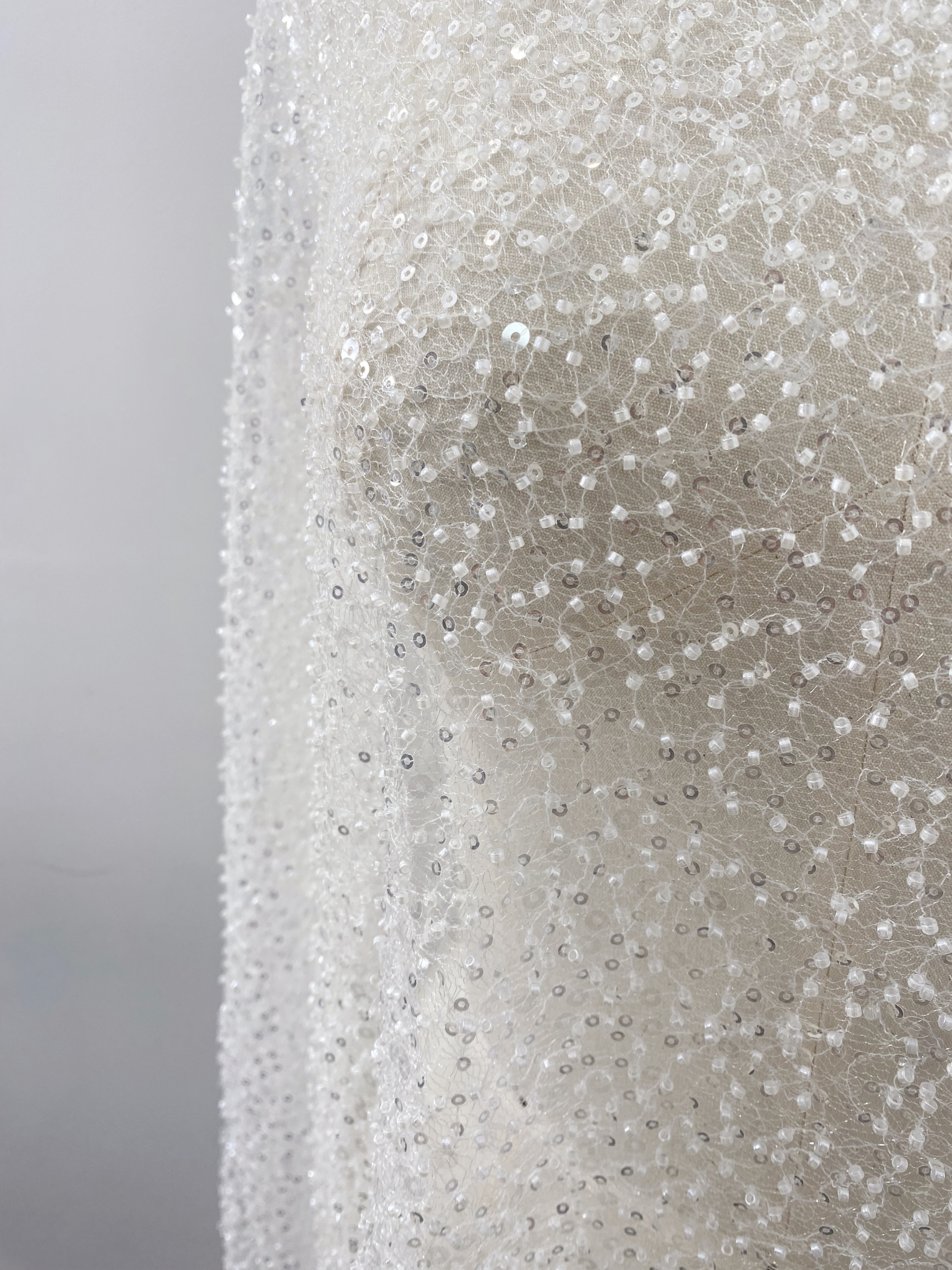 Luxury Beaded Tulle Lace Fabric, Ivory Heavy Sequin Bridal Mesh by the Yard for Wedding Dress & Veil