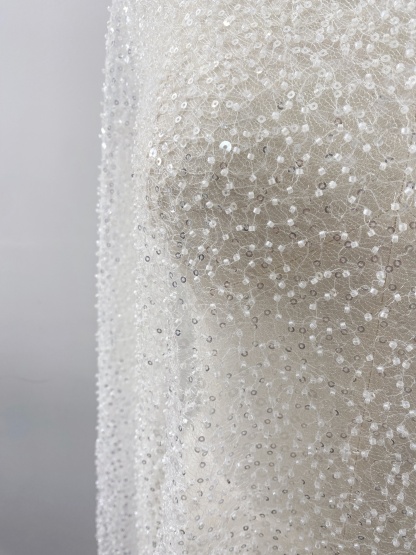 Luxury Beaded Tulle Lace Fabric, Ivory Heavy Sequin Bridal Mesh by the Yard for Wedding Dress & Veil