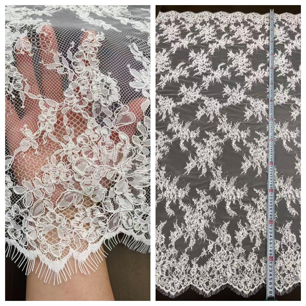 Ivory French Alencon Lace Fabric with Eyelash, 3 Meters Corded Chantilly Lace for Bridal Gown, Wedding Dress