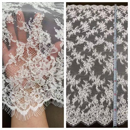 Ivory French Alencon Lace Fabric with Eyelash, 3 Meters Corded Chantilly Lace for Bridal Gown, Wedding Dress
