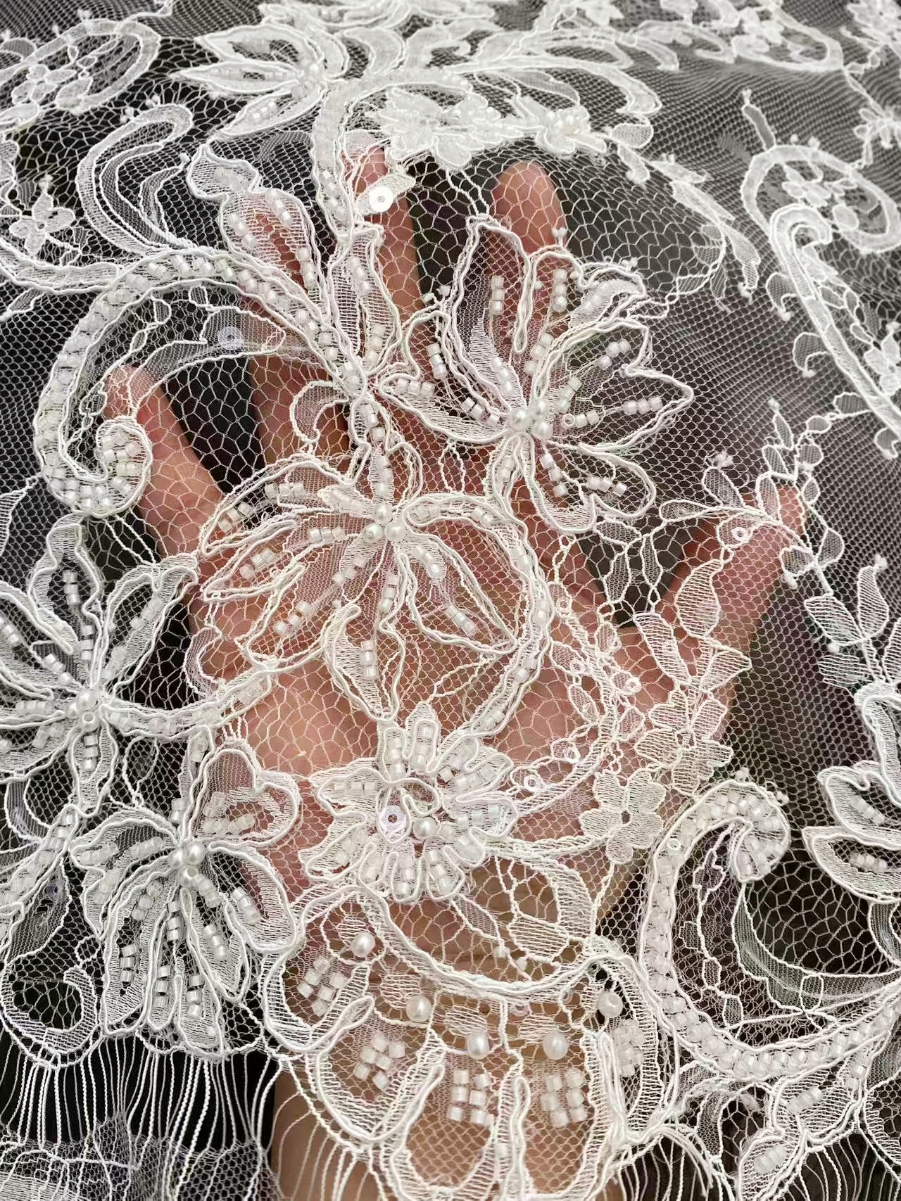 Ivory Beaded Chantilly Lace Fabric for Wedding Dress,Bridal Gown Veil,Sold by 3 Meter