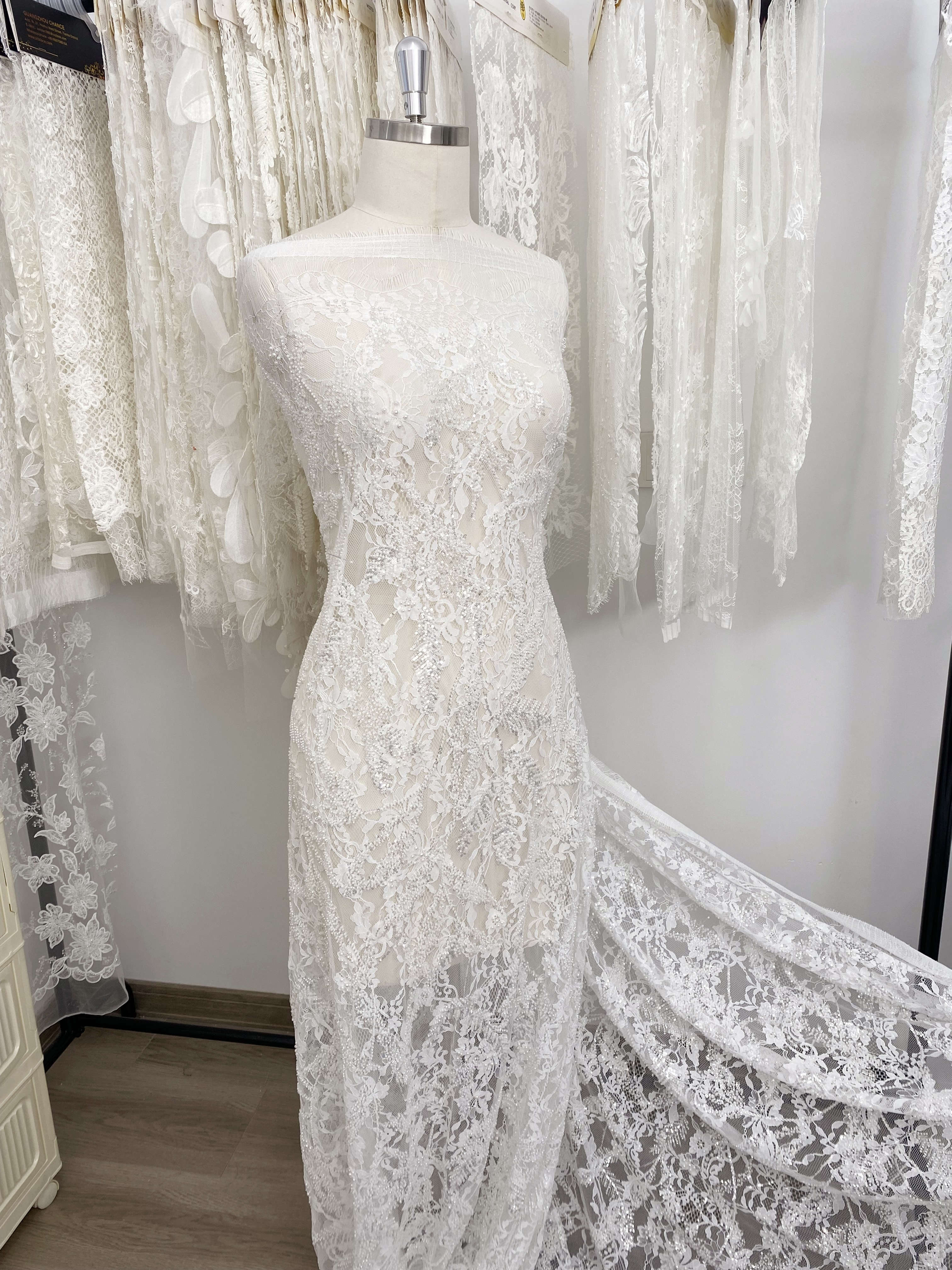 3 Meters Heavy Bead Chantilly Lace Fabric with Sequins for Wedding Dress,Bridal Gown Veil, Alencon Lace Floral Trim Eyelash Edging