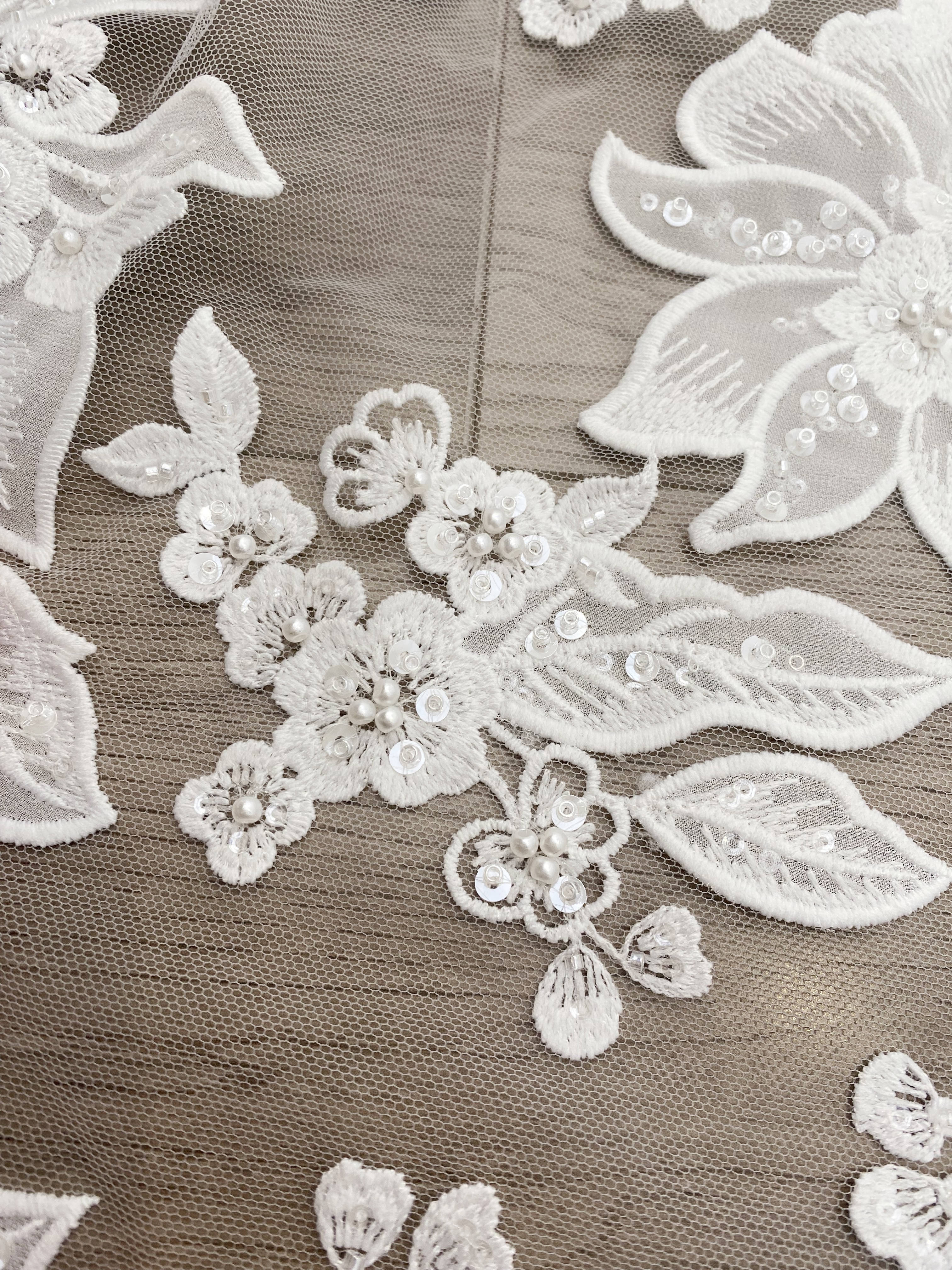 Ivory Floral Lace on Mesh with Large Appliqués, Delicate Bridal Flower Lace Fabric For Gown Prom, Wedding Dress Lace