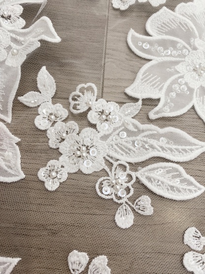 Ivory Floral Lace on Mesh with Large Appliqués, Delicate Bridal Flower Lace Fabric For Gown Prom, Wedding Dress Lace