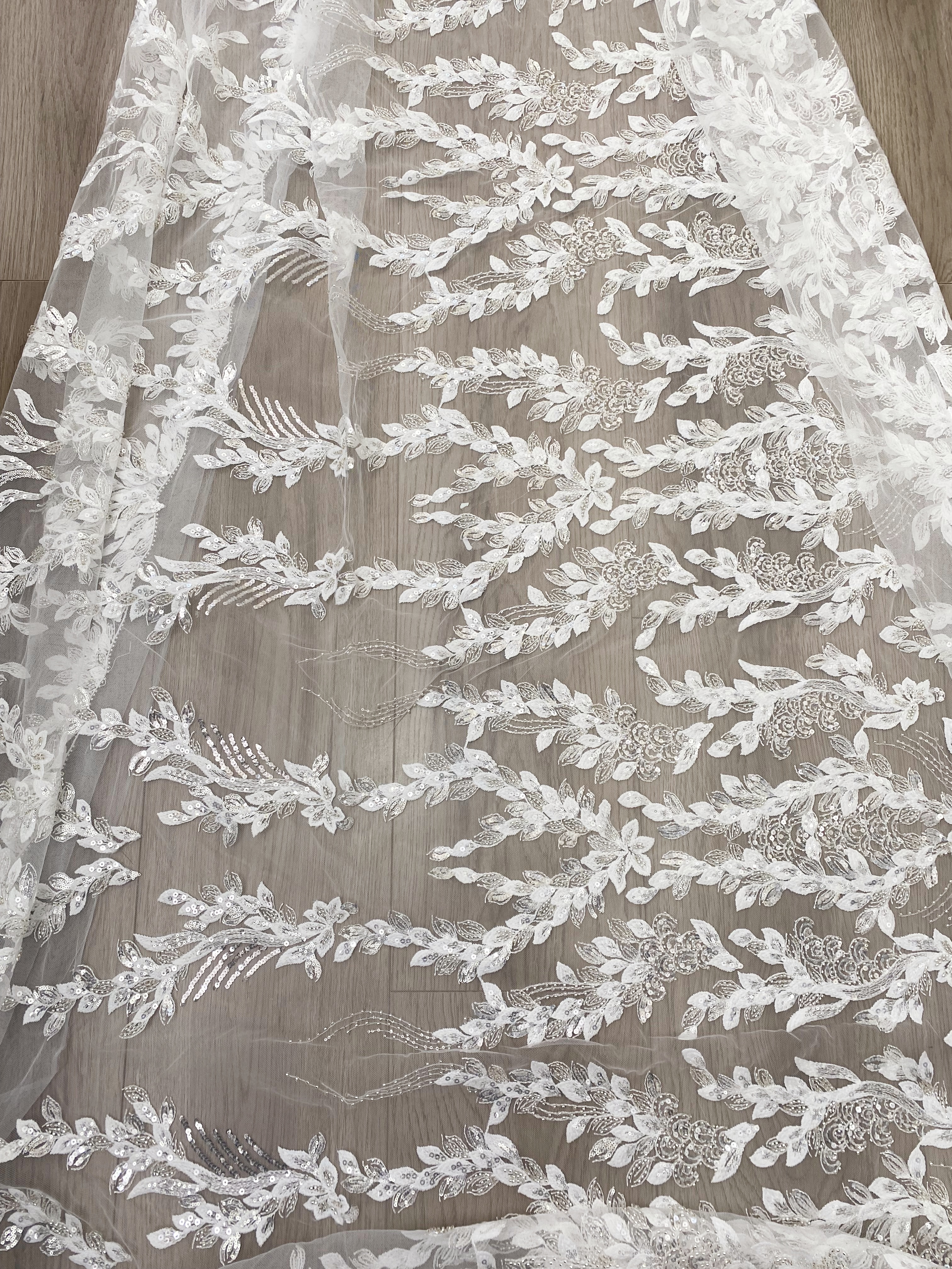 Leaves Embroidery Fabric with Beads and Sequins, Lace fabric for Wedding Dresses, Bridal Veil, Evening Gowns, Tulle Mesh Material
