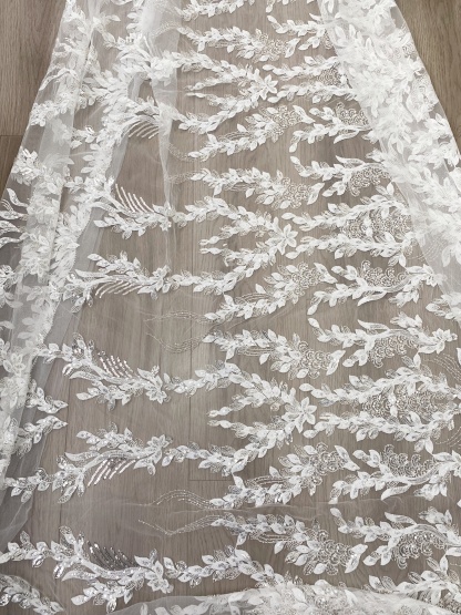 Leaves Embroidery Fabric with Beads and Sequins, Lace fabric for Wedding Dresses, Bridal Veil, Evening Gowns, Tulle Mesh Material