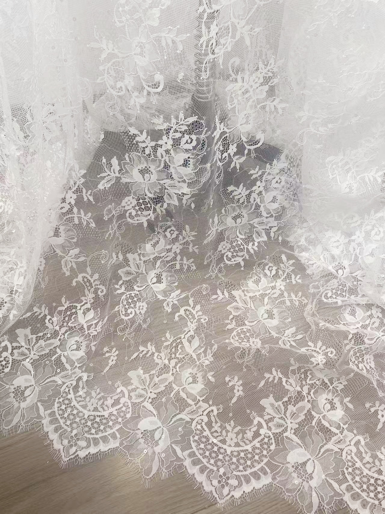 Clear Sequins French Chantilly Lace Fabric, Ivory Bridal Floral Lace with Eyelash for Wedding Dress, Veil, Overlay, Sold by 3 Meters 1 Piece