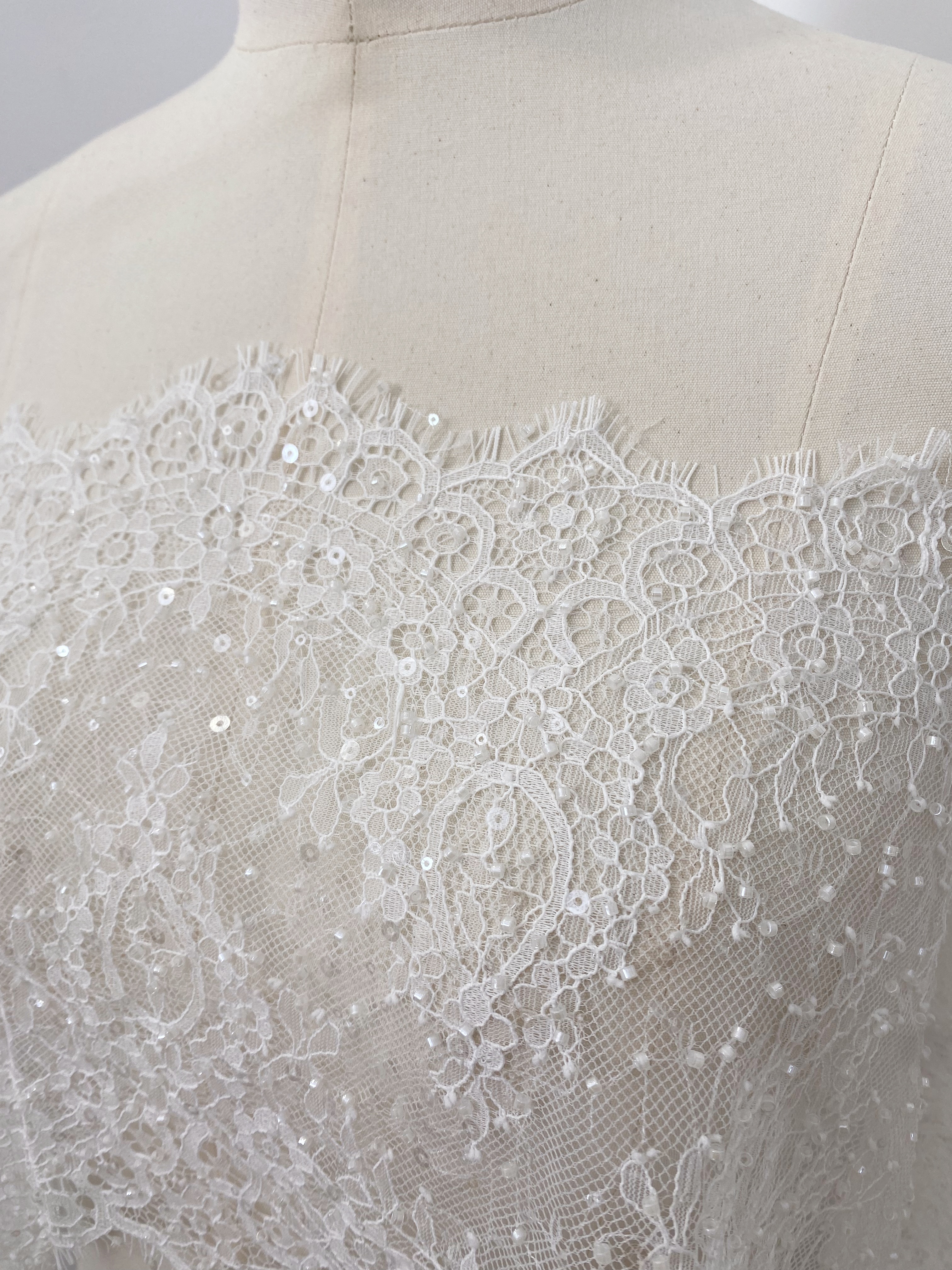 French Beaded Chantilly Lace Trim with Sequins, Floral Trim Eyelash Edging, Eyelash Lace Wedding Dress Fabric for Bridal Veil, Sold by 3 meters