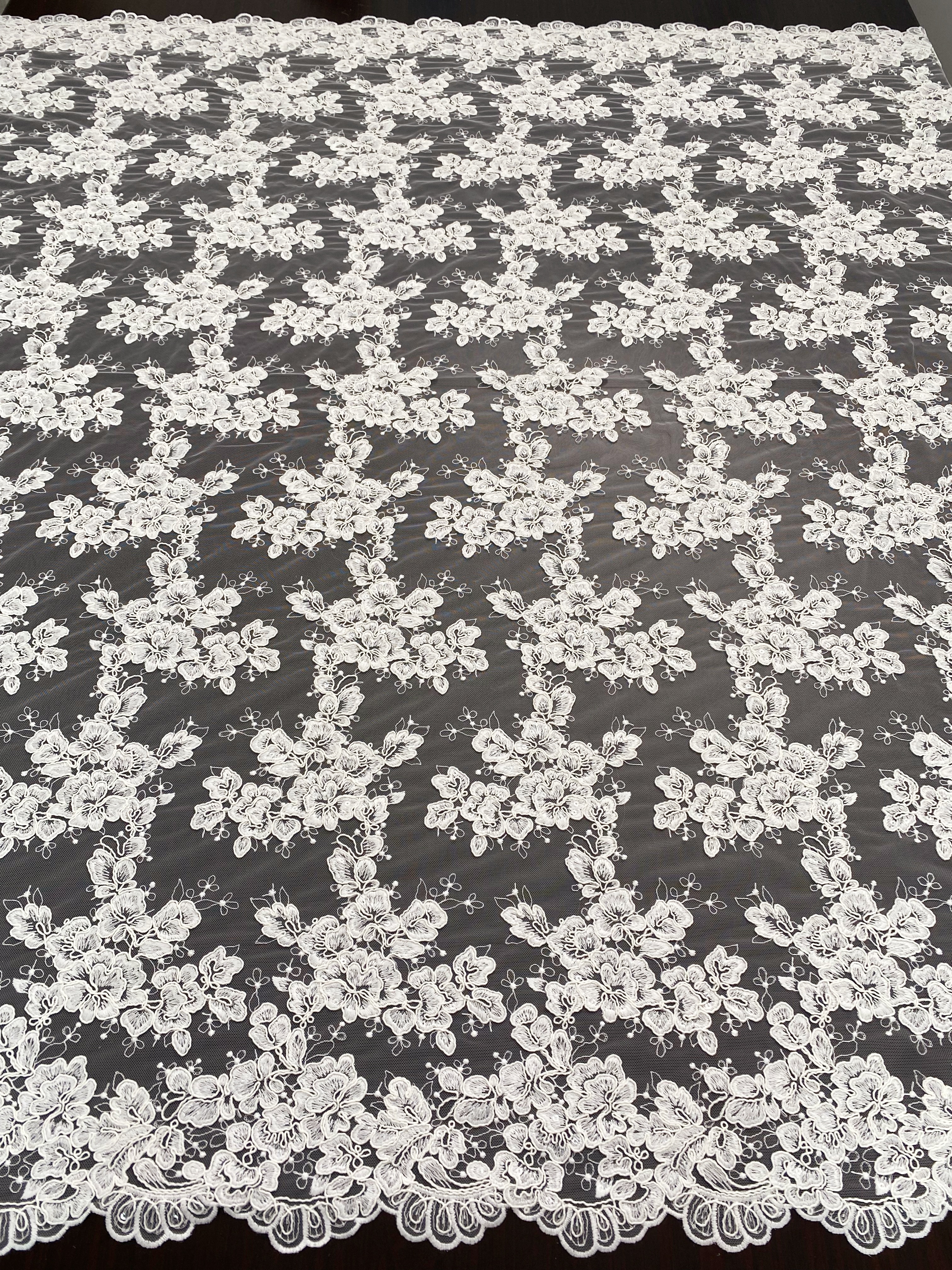 Ivory Corded Chantilly Lace Fabric ,Alencon Lace Fabric with Sequins for Wedding Dress, Veil, Floral Embroidery lace by the yard