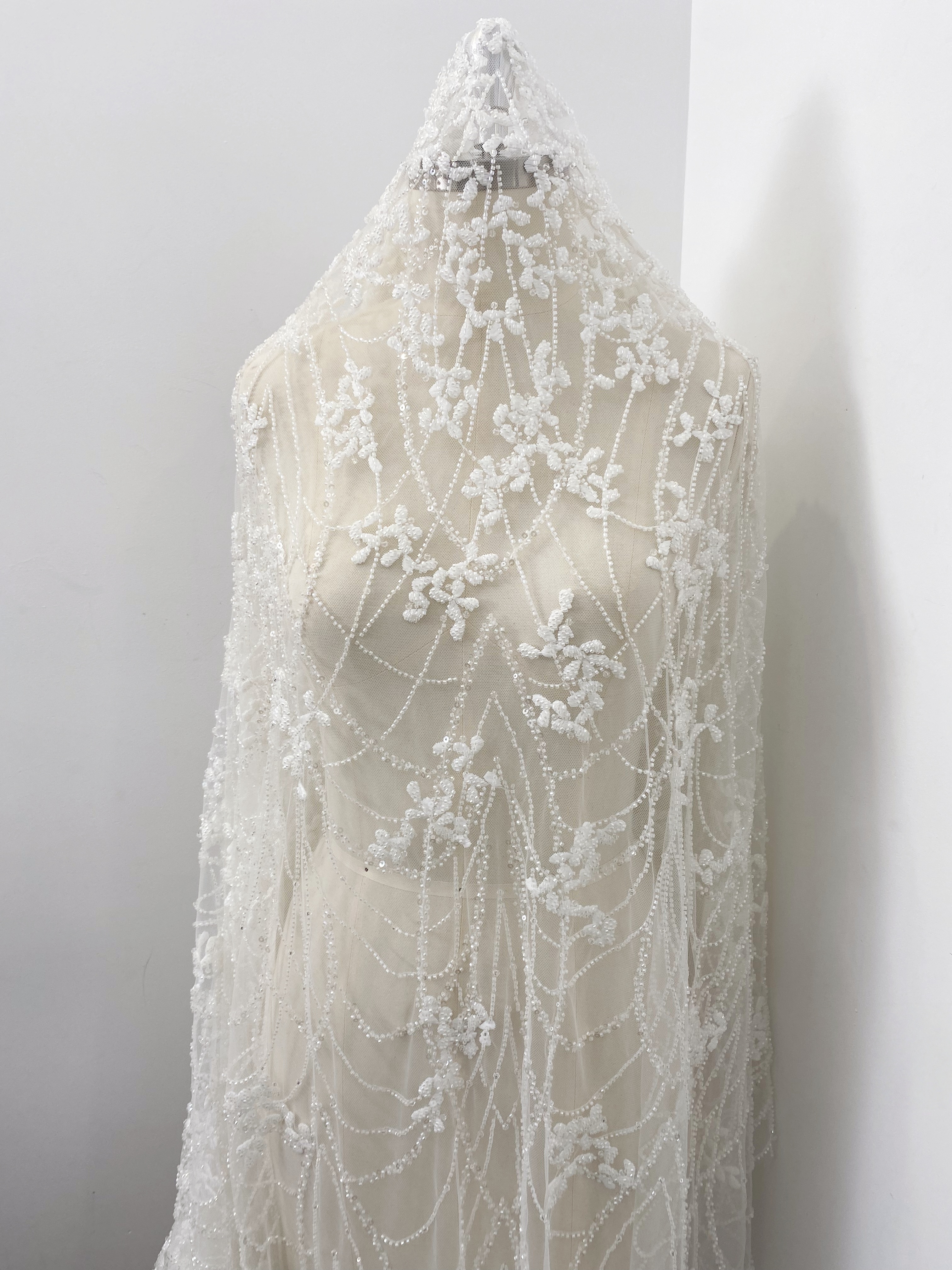 Ivory Beaded Floral Embroidery Tulle Lace Fabric, Beading Leafs Bridal Lace for Wedding Gowns Dresses and Veils, Couture Lace by the Yard