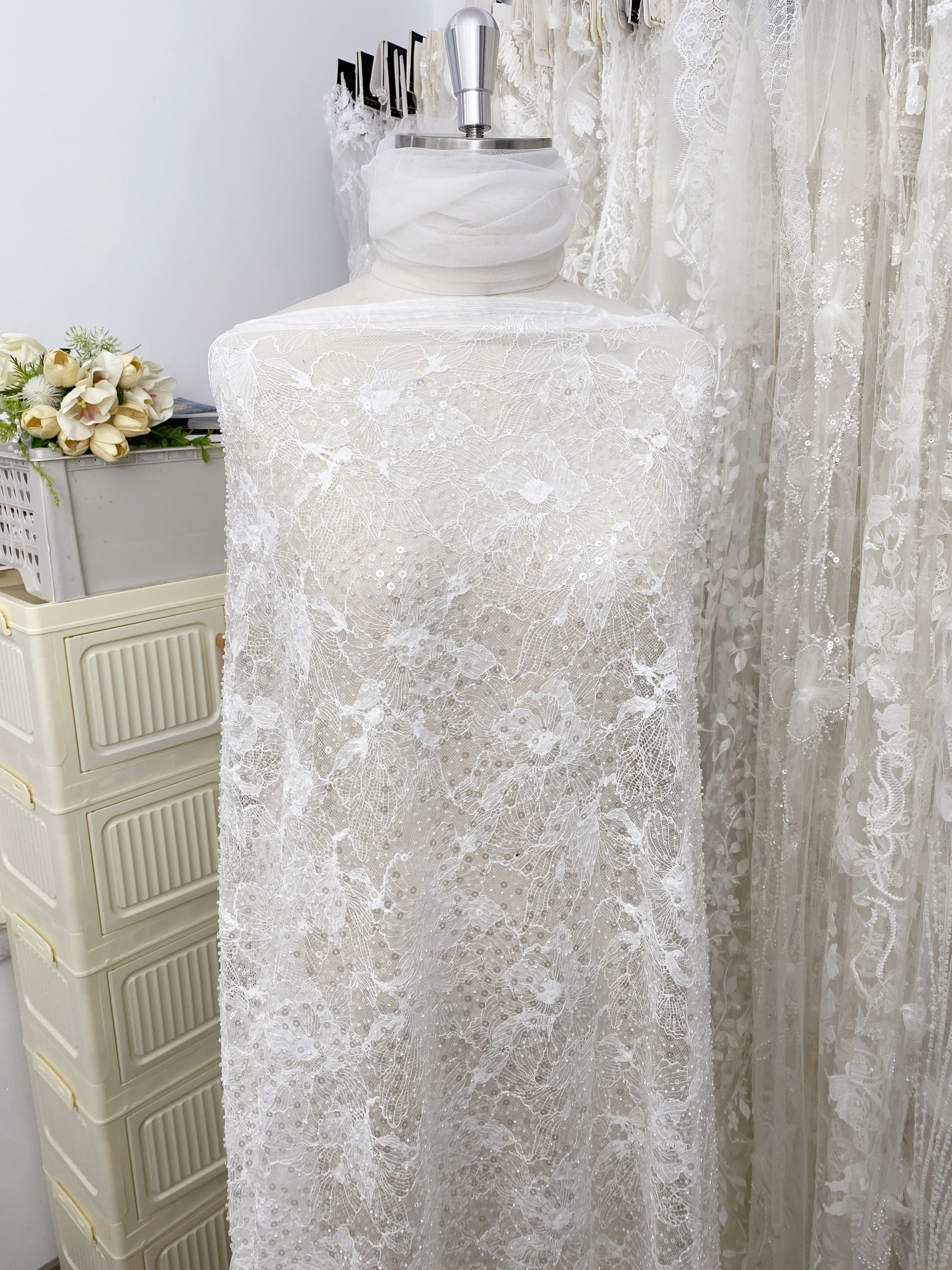 Luxury Beaded Tulle Lace Fabric, White Sequined Bridal Mesh by the Yard for Wedding Dress, Veil, Bridal Gown Embroidery, Floral Lace