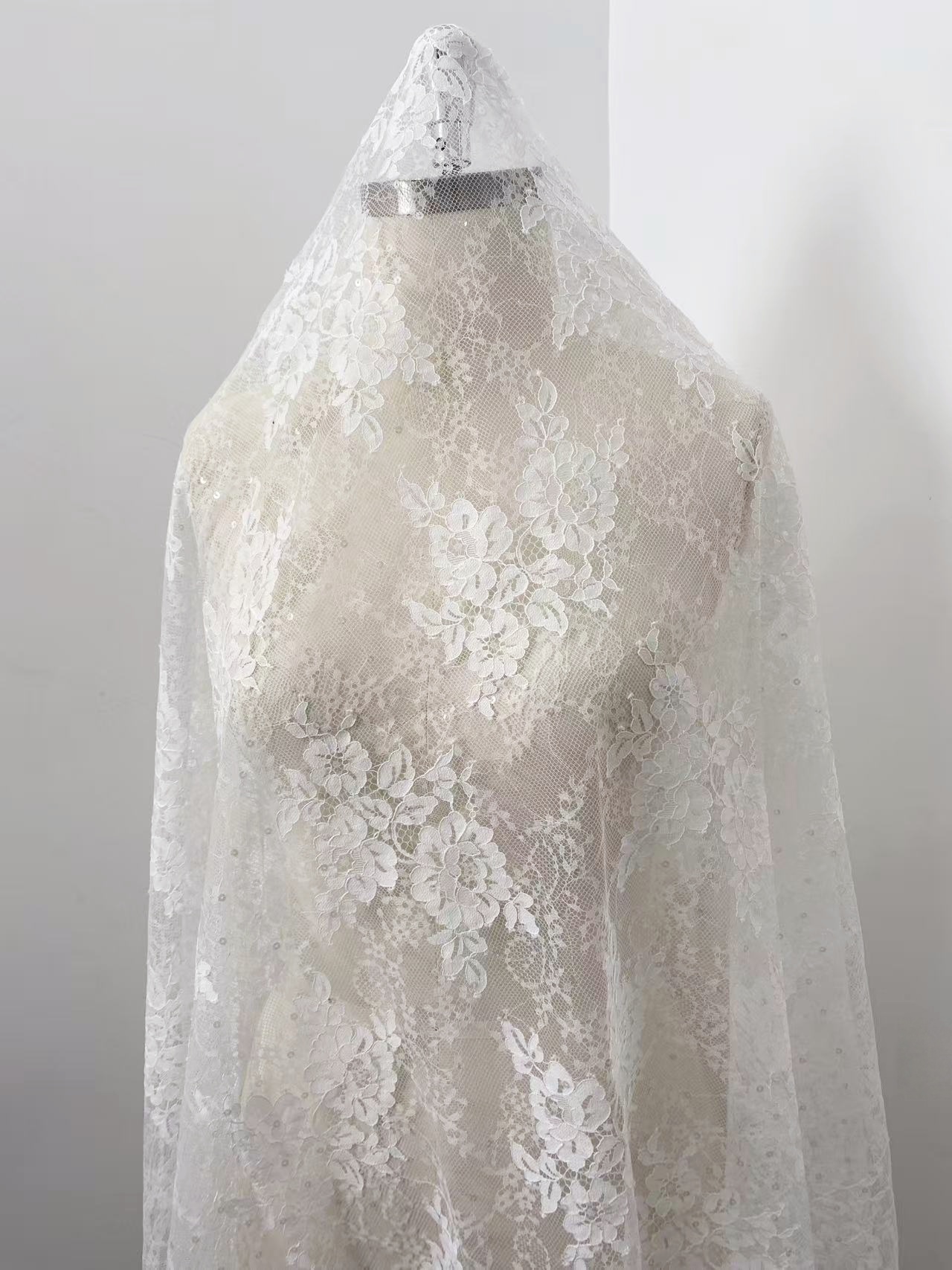 Off white Chantilly lace fabric with sequins, French Bridal Wedding Lace, Scalloped Lace, floral eyelash veil lace for Wedding Dress