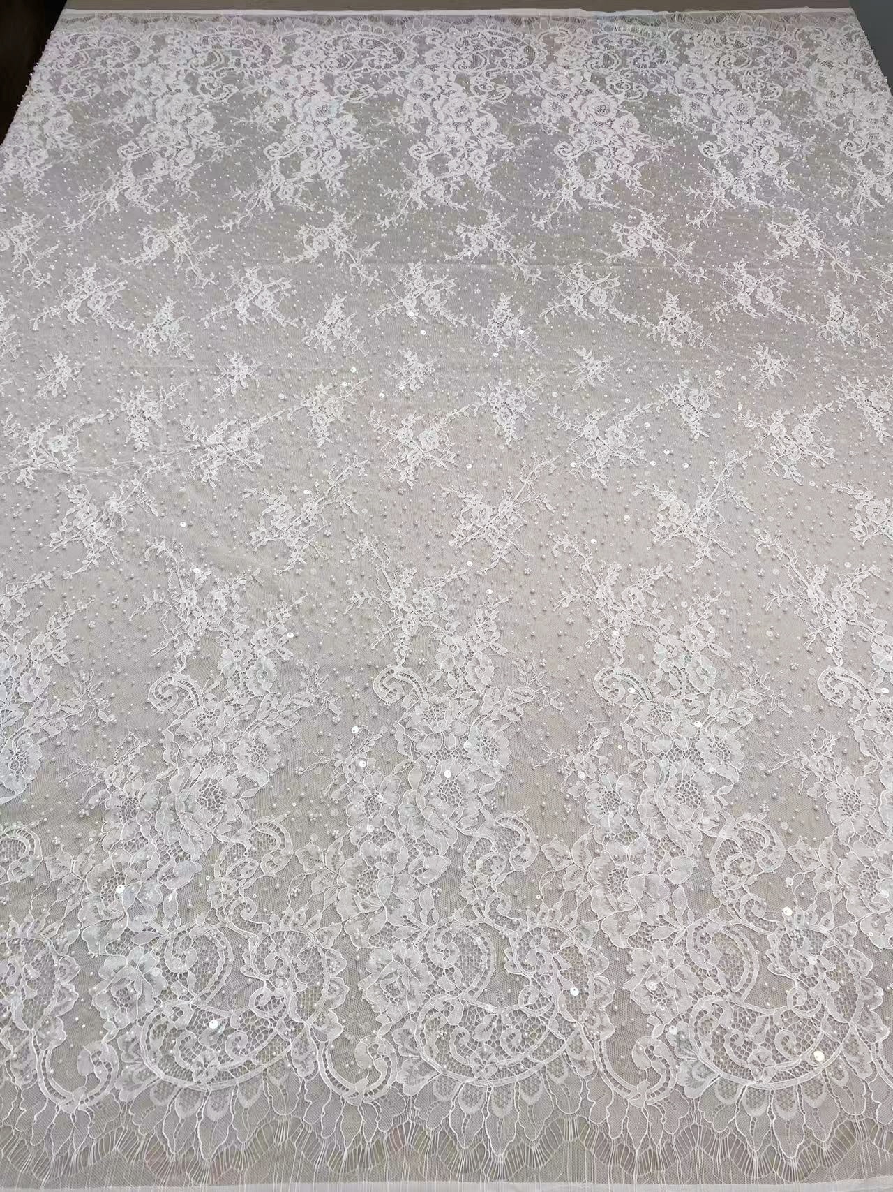 2026 White Pearl Chantilly French Eyelash Lace Fabric, Beaded Floral Scalloped Lace Fabric for Wedding Dress Veils, Price per 3 Meters