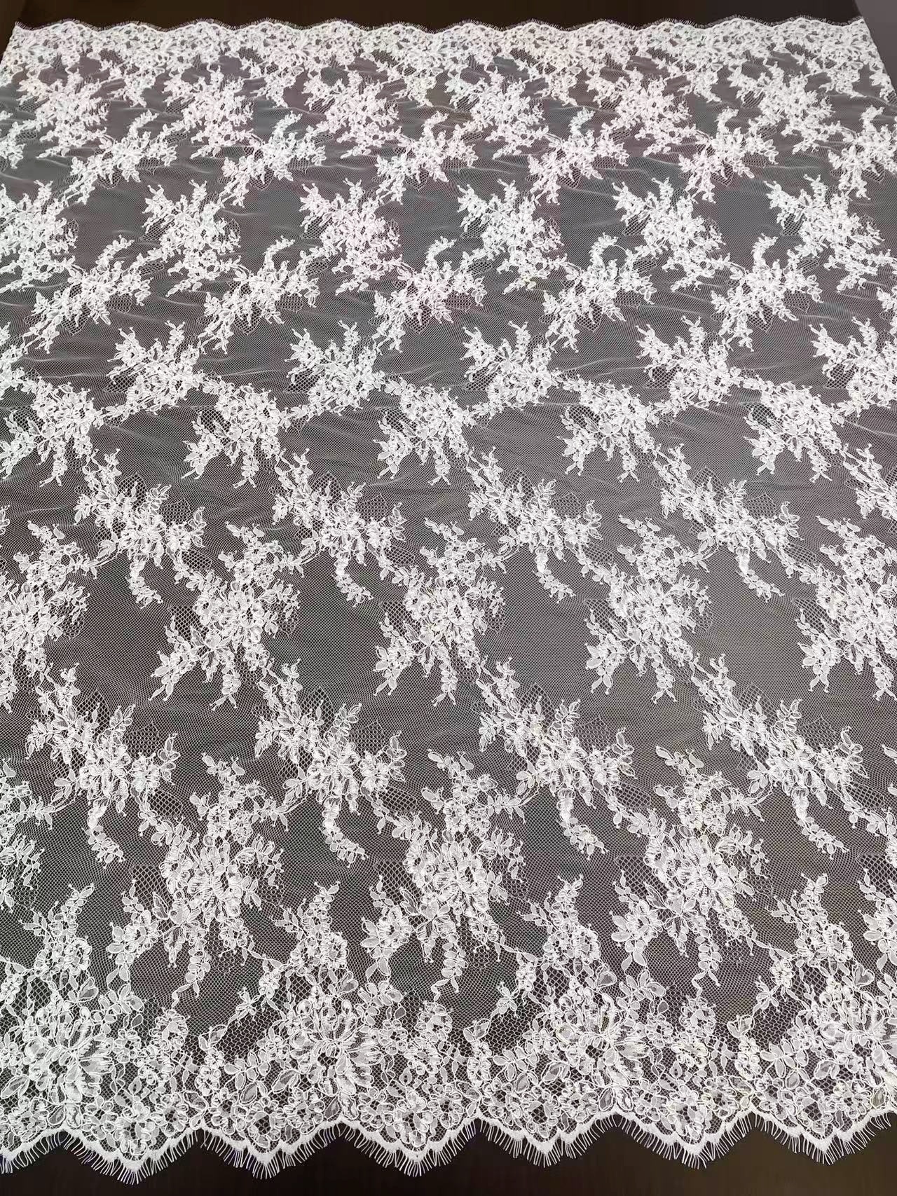 Ivory French Alencon Lace Fabric with Eyelash, 3 Meters Corded Chantilly Lace for Bridal Gown, Wedding Dress