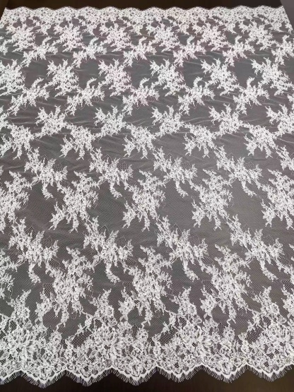 Ivory French Alencon Lace Fabric with Eyelash, 3 Meters Corded Chantilly Lace for Bridal Gown, Wedding Dress