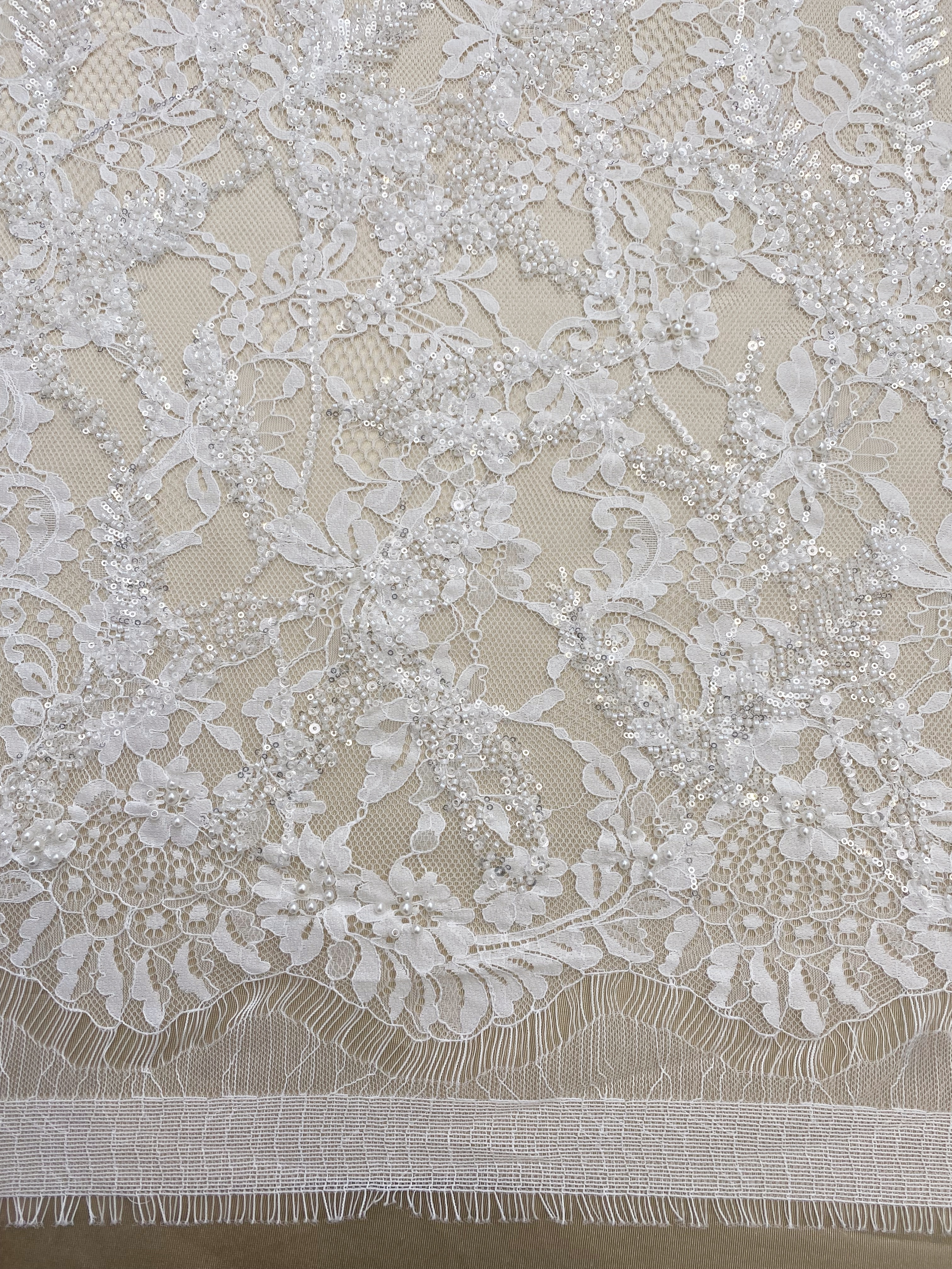 3 Meters Heavy Bead Chantilly Lace Fabric with Sequins for Wedding Dress,Bridal Gown Veil, Alencon Lace Floral Trim Eyelash Edging