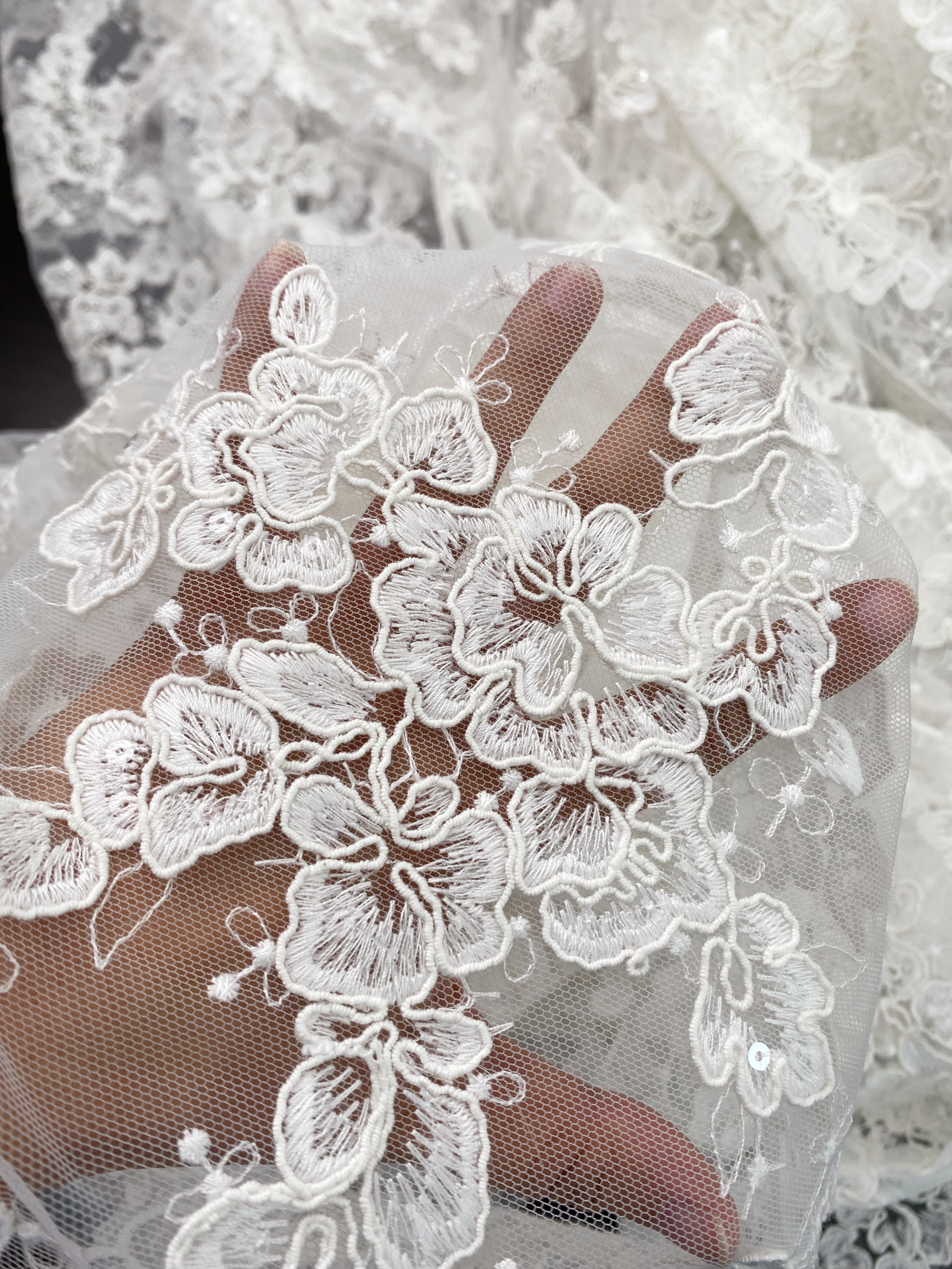 Ivory Corded Chantilly Lace Fabric ,Alencon Lace Fabric with Sequins for Wedding Dress, Veil, Floral Embroidery lace by the yard