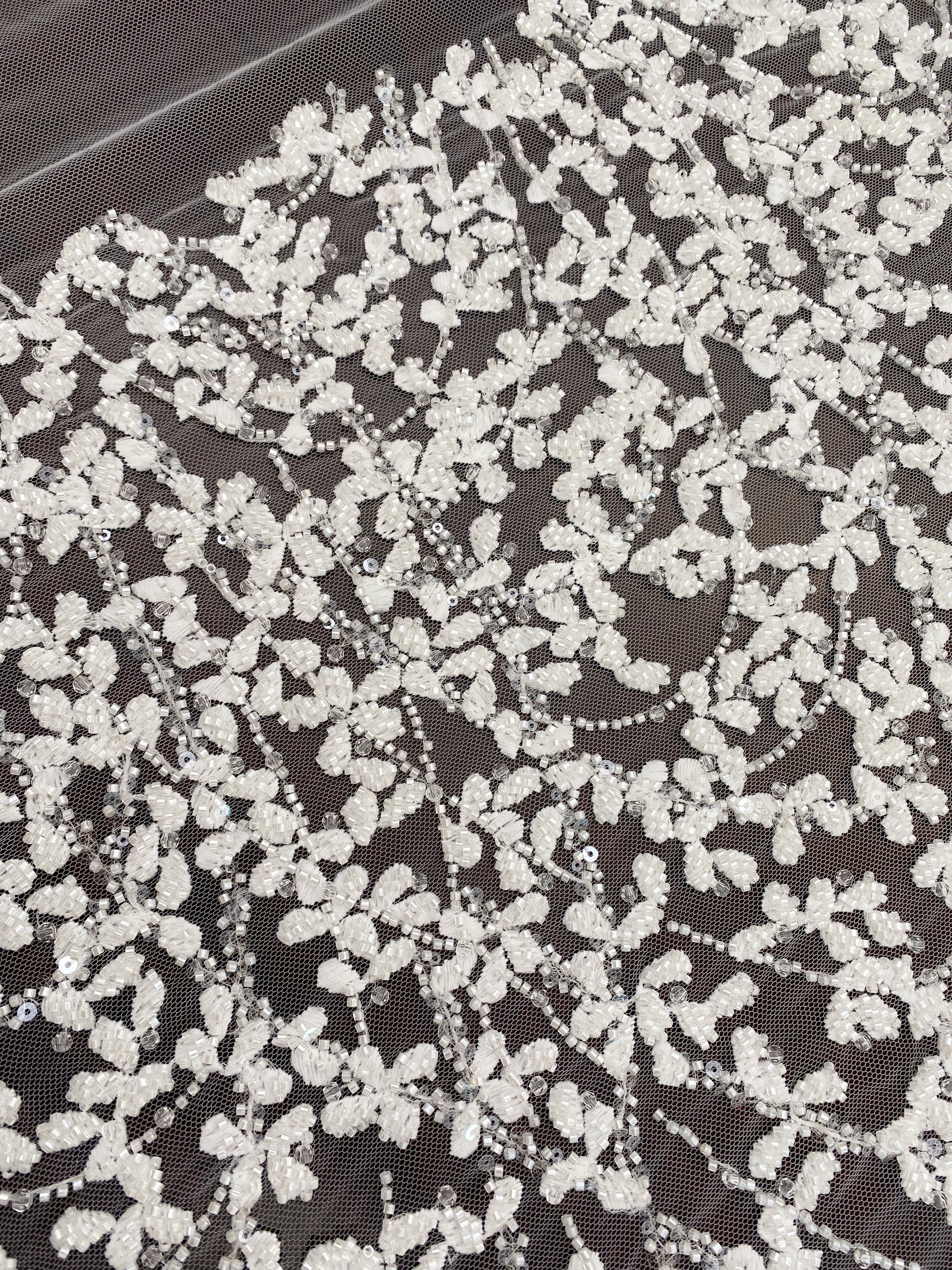 Ivory Beaded Floral Embroidery Tulle Lace Fabric, Beading Leafs Bridal Lace for Wedding Gowns Dresses and Veils, Couture Lace by the Yard