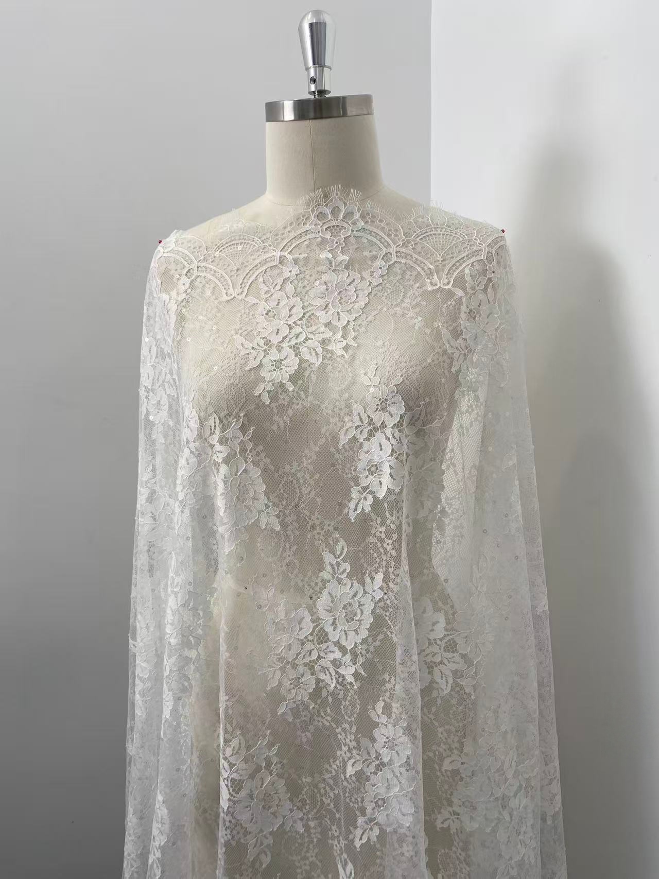 Off white Chantilly lace fabric with sequins, French Bridal Wedding Lace, Scalloped Lace, floral eyelash veil lace for Wedding Dress