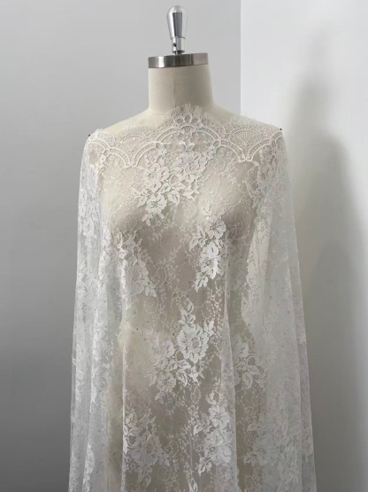 Off white Chantilly lace fabric with sequins, French Bridal Wedding Lace, Scalloped Lace, floral eyelash veil lace for Wedding Dress