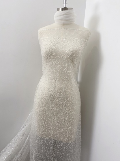 Luxury Beaded Tulle Lace Fabric, Ivory Heavy Sequin Bridal Mesh by the Yard for Wedding Dress & Veil