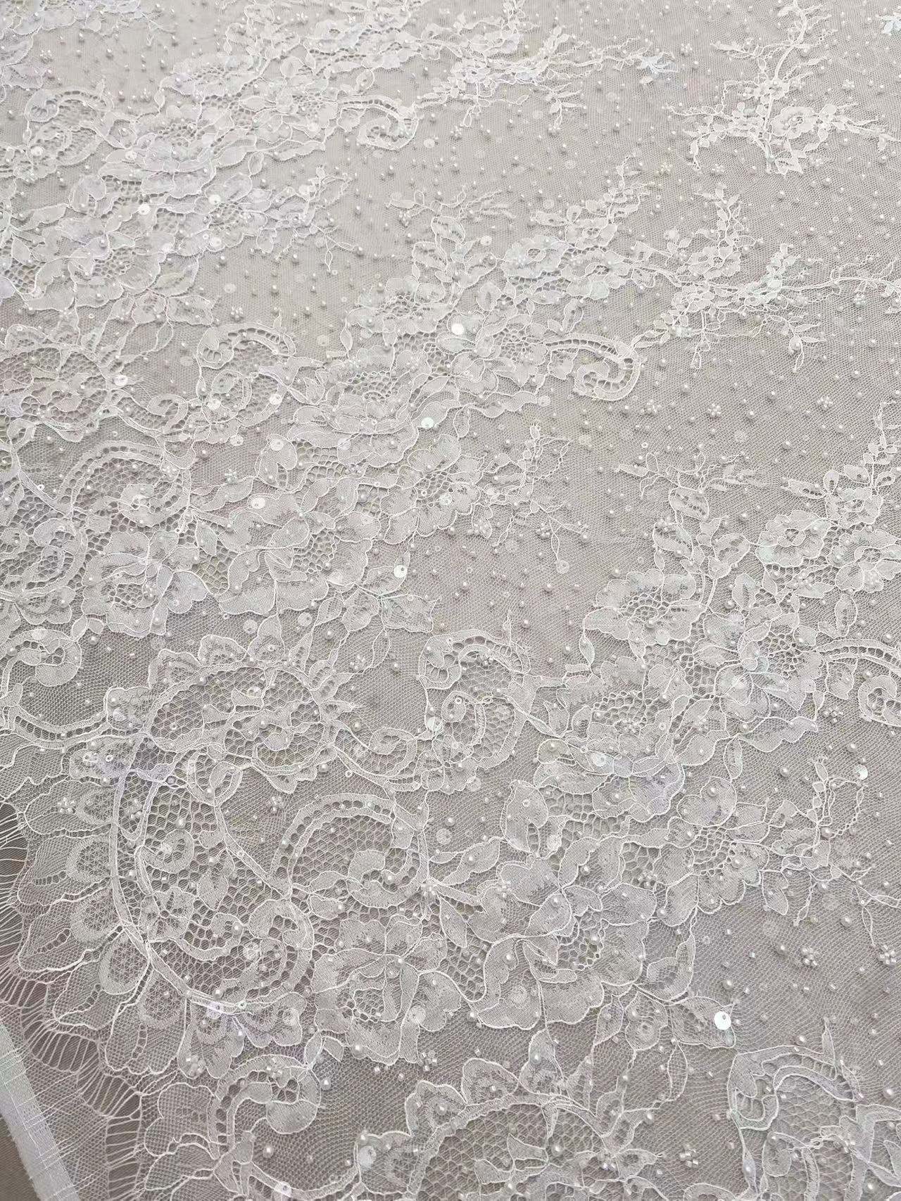 2026 White Pearl Chantilly French Eyelash Lace Fabric, Beaded Floral Scalloped Lace Fabric for Wedding Dress Veils, Price per 3 Meters