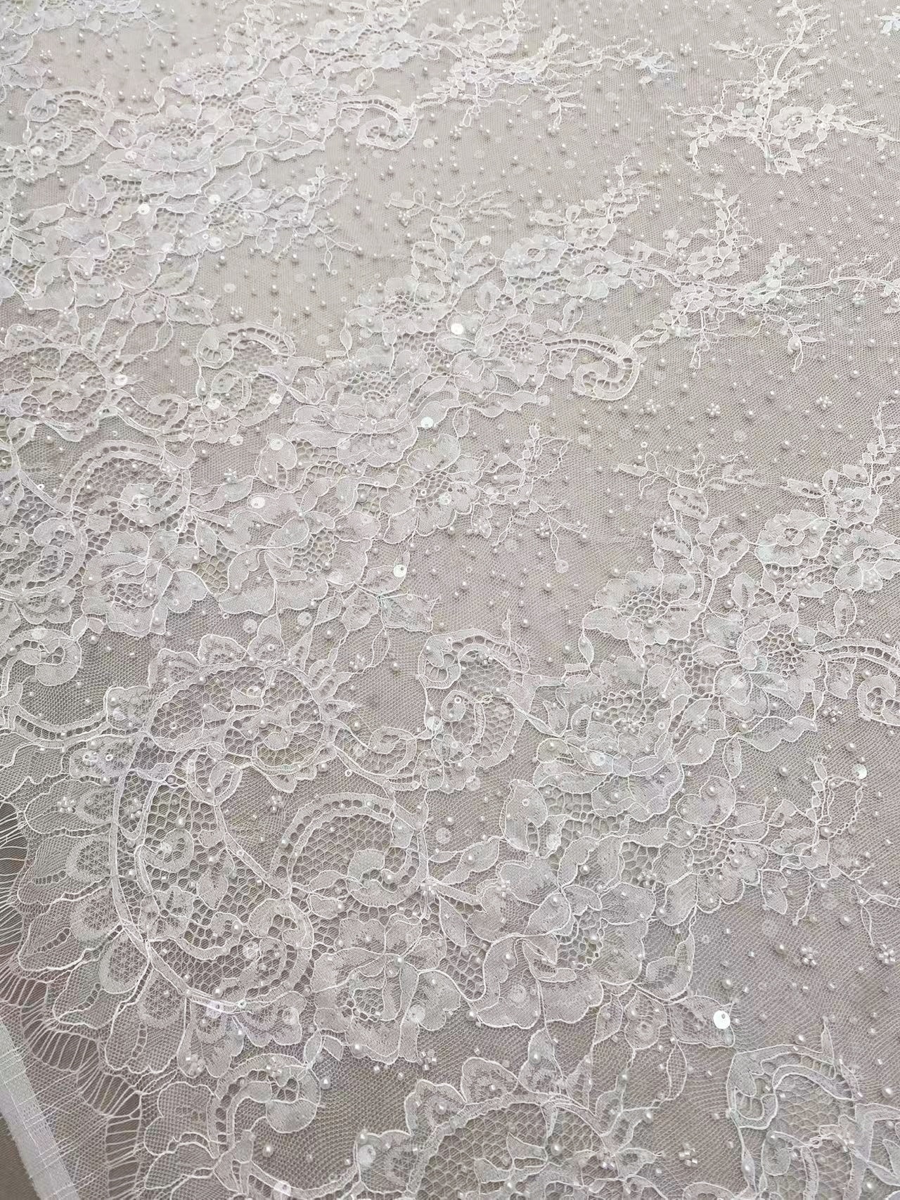 2026 White Pearl Chantilly French Eyelash Lace Fabric, Beaded Floral Scalloped Lace Fabric for Wedding Dress Veils, Price per 3 Meters