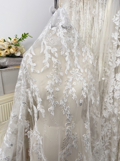 Leaves Embroidery Fabric with Beads and Sequins, Lace fabric for Wedding Dresses, Bridal Veil, Evening Gowns, Tulle Mesh Material
