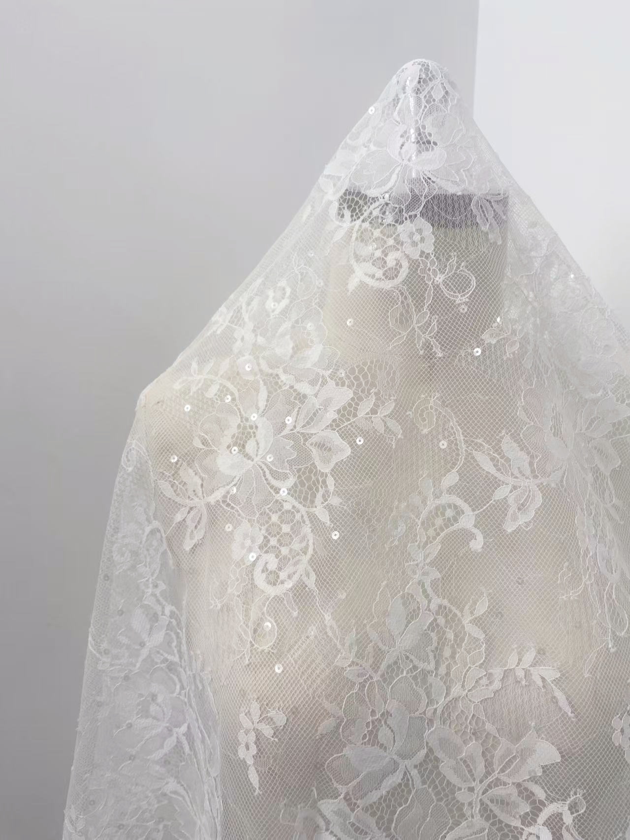 Clear Sequins French Chantilly Lace Fabric, Ivory Bridal Floral Lace with Eyelash for Wedding Dress, Veil, Overlay, Sold by 3 Meters 1 Piece