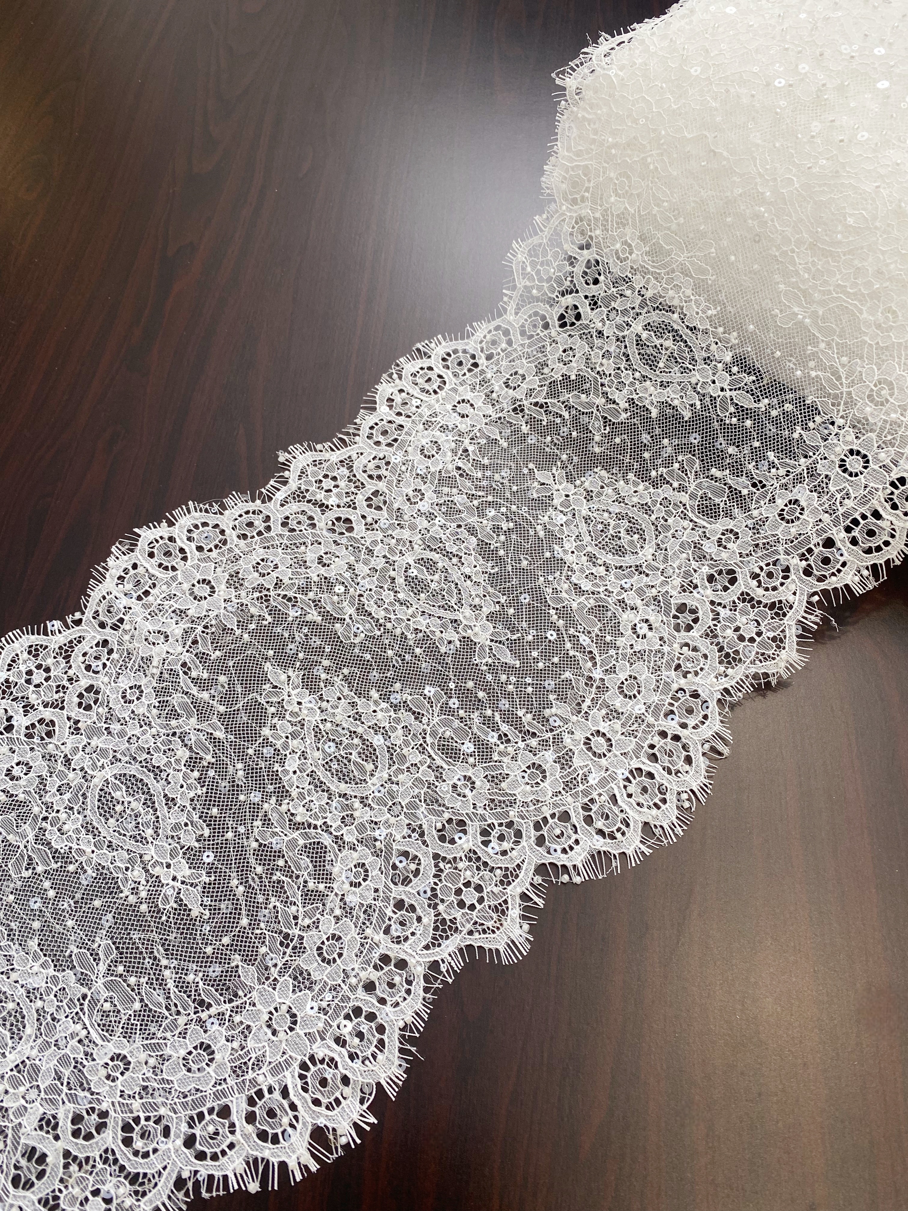 French Beaded Chantilly Lace Trim with Sequins, Floral Trim Eyelash Edging, Eyelash Lace Wedding Dress Fabric for Bridal Veil, Sold by 3 meters