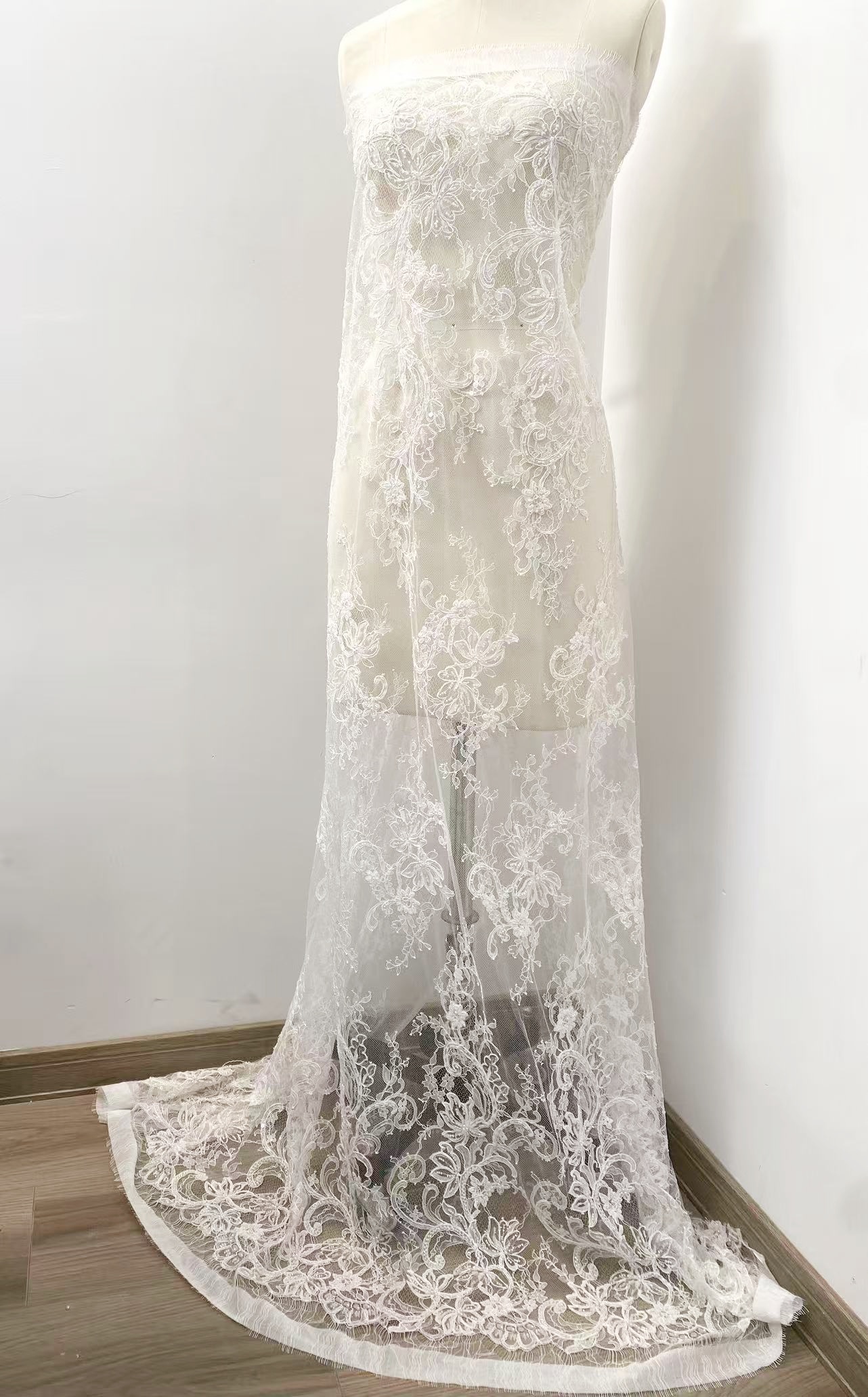Ivory Beaded Chantilly Lace Fabric for Wedding Dress,Bridal Gown Veil,Sold by 3 Meter