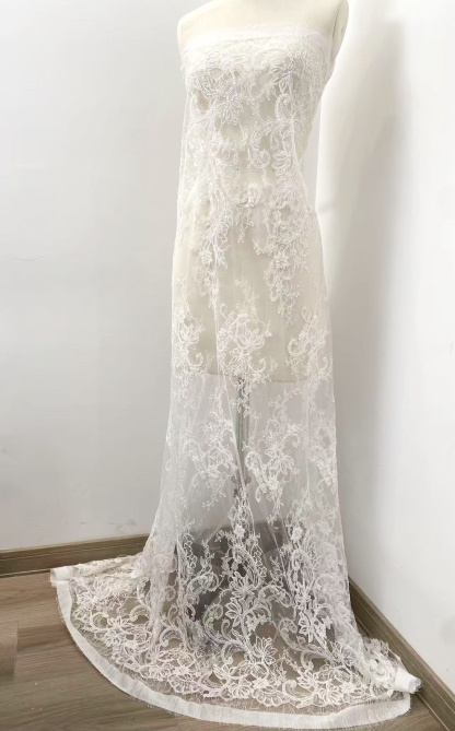 Ivory Beaded Chantilly Lace Fabric for Wedding Dress,Bridal Gown Veil,Sold by 3 Meter