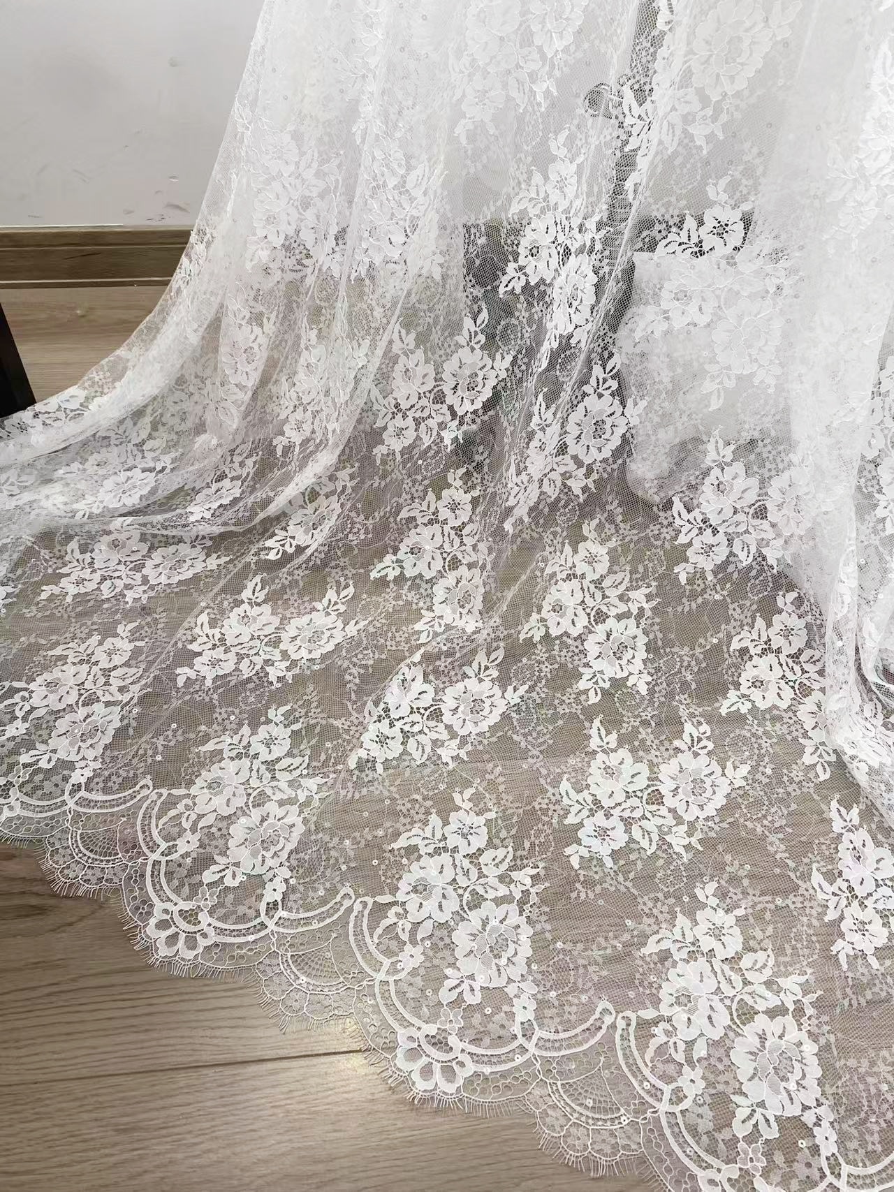 Off white Chantilly lace fabric with sequins, French Bridal Wedding Lace, Scalloped Lace, floral eyelash veil lace for Wedding Dress