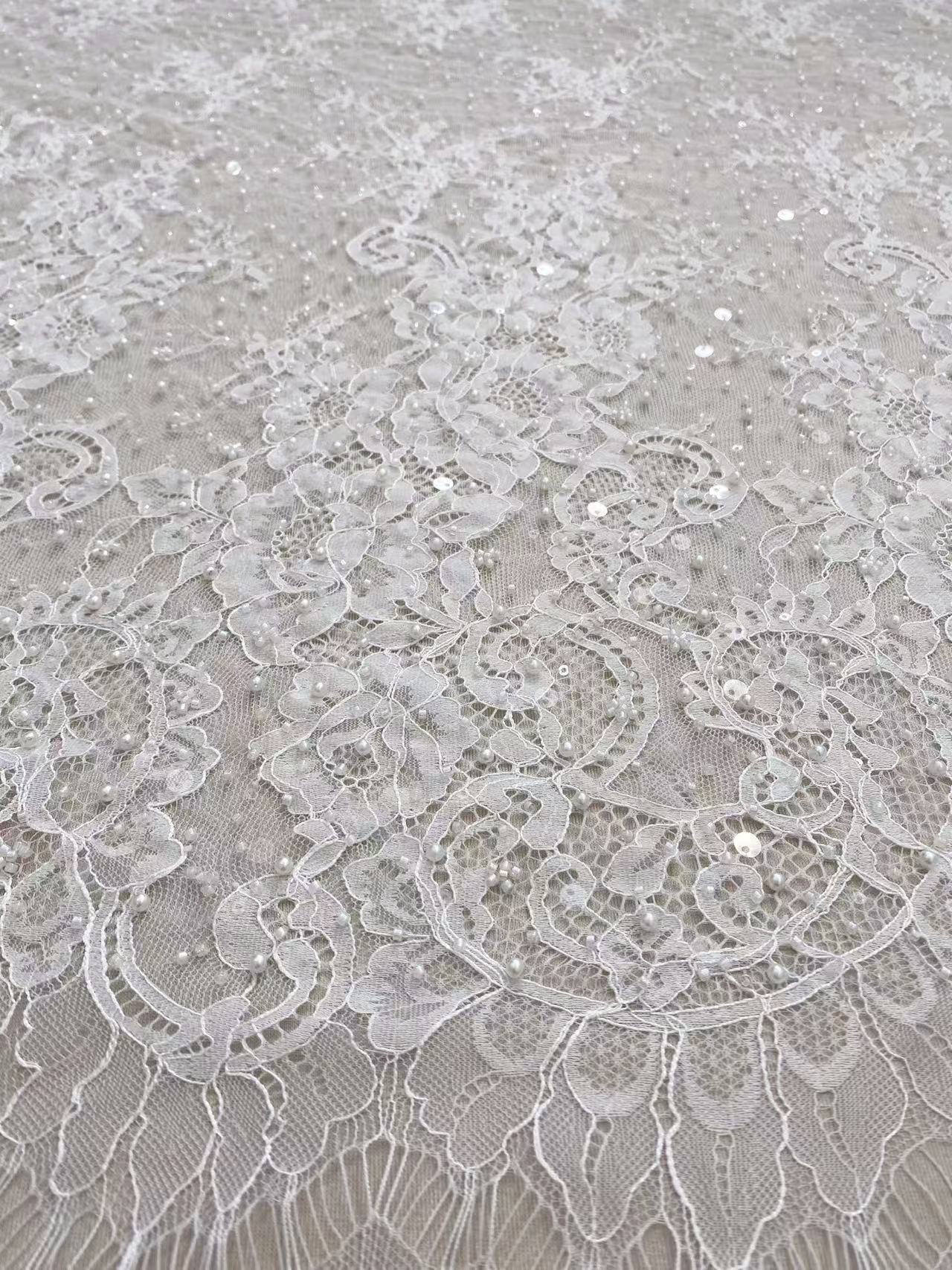 2026 White Pearl Chantilly French Eyelash Lace Fabric, Beaded Floral Scalloped Lace Fabric for Wedding Dress Veils, Price per 3 Meters